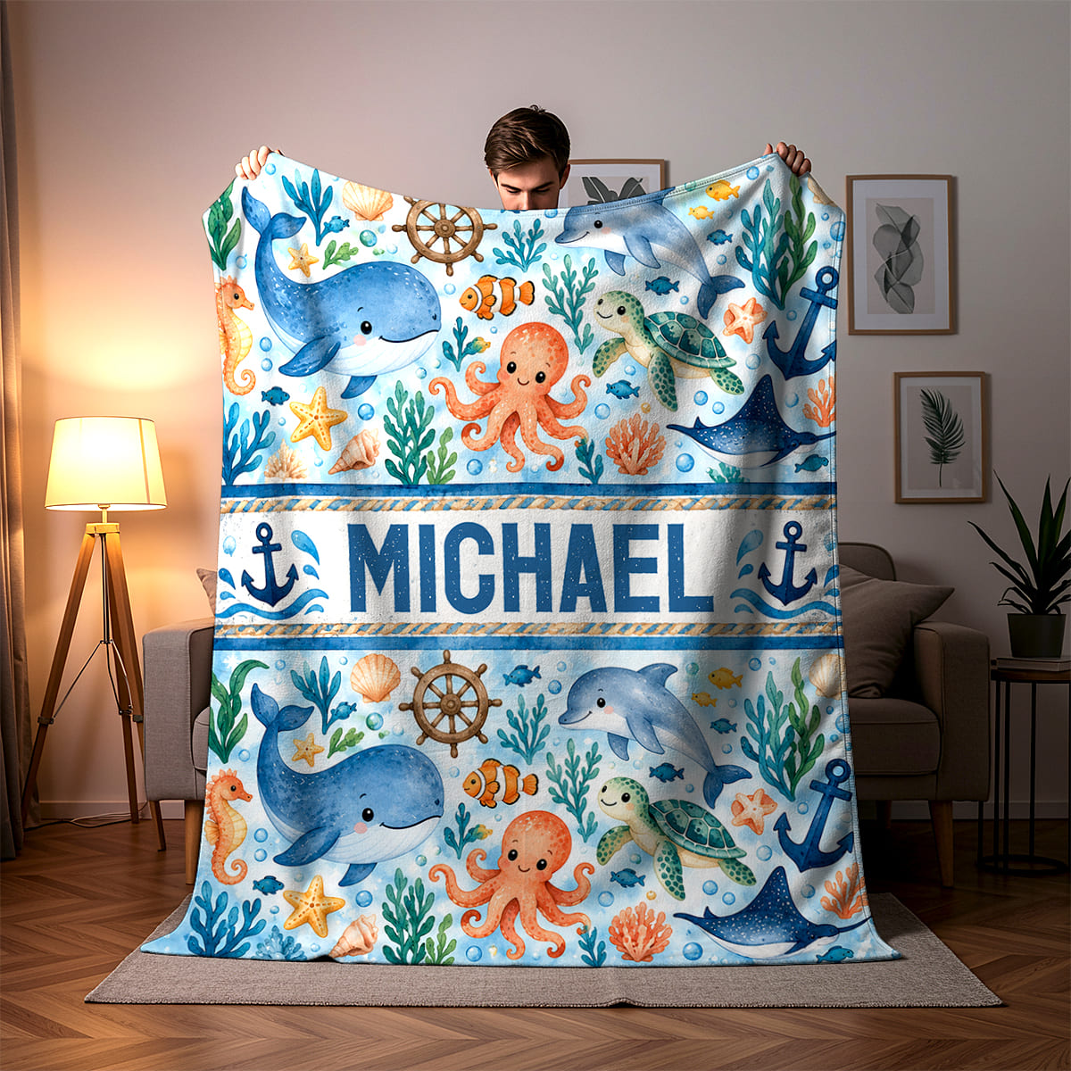 Personalized Ocean Animal Blanket, Custom Nautical Throw Blanket, Sea Life Blanket, Dolphin Whale Turtle Gift, Coastal Home Decor