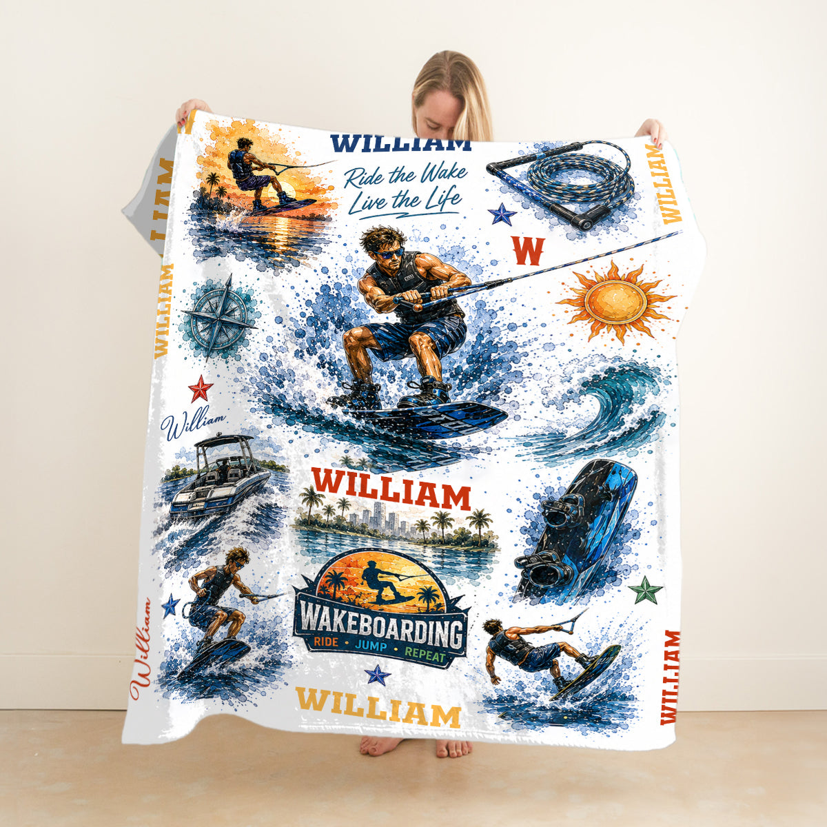 Personalized Wakeboarding Blanket, Custom Name Wakeboard Throw Blanket, Wakeboarding Gift for Boys, Men, Kids, Wakeboard Lover Gift
