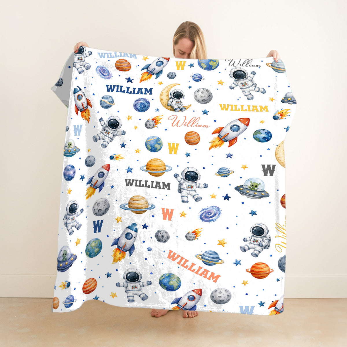 Personalized Space Baby Blanket with Name, Custom Astronaut Blanket for Boy, Rocket Ship Nursery Decor, Galaxy Swaddle