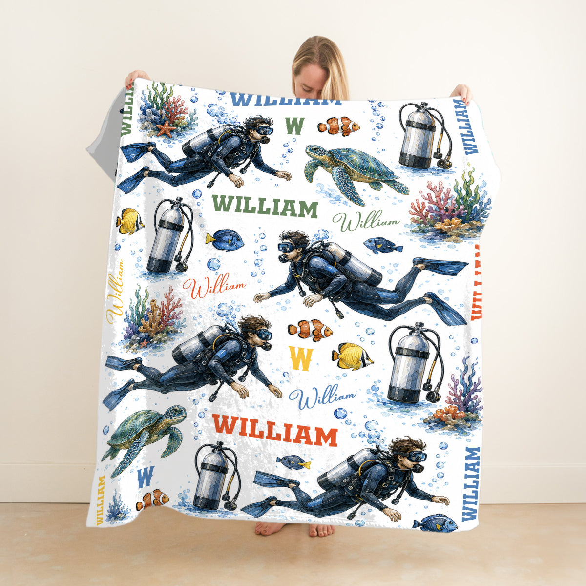 Personalized Scuba Diving Blanket, Custom Ocean Diver Throw, Sea Turtle & Diver Gift for Him, Custom Name Scuba Diver Sherpa Blanket