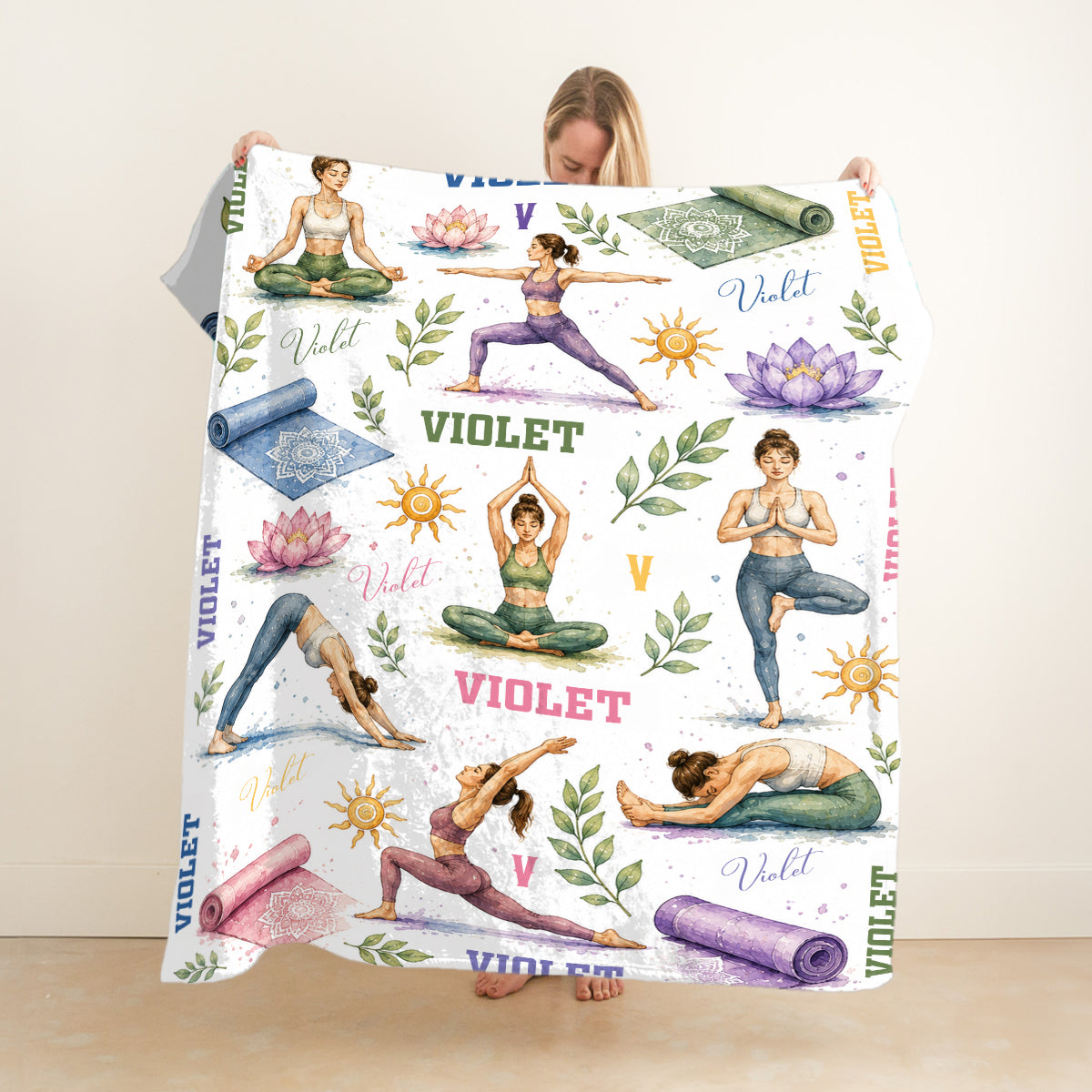 Personalized Yoga Blanket, Custom Yoga Lover Gift, Cute Yoga Poses Fleece Blanket, Meditation Gift for Her, Yogi Instructor Present