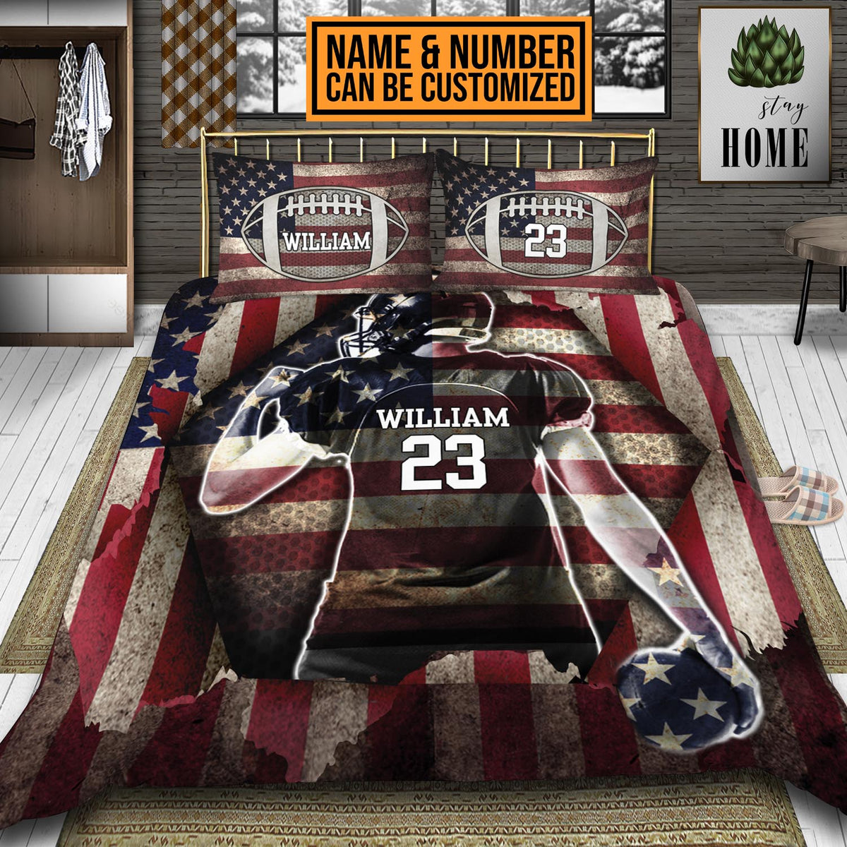 Personalized Football American Flag Bedding Set – Pillow and Duvet Cover – Football Lover Gifts