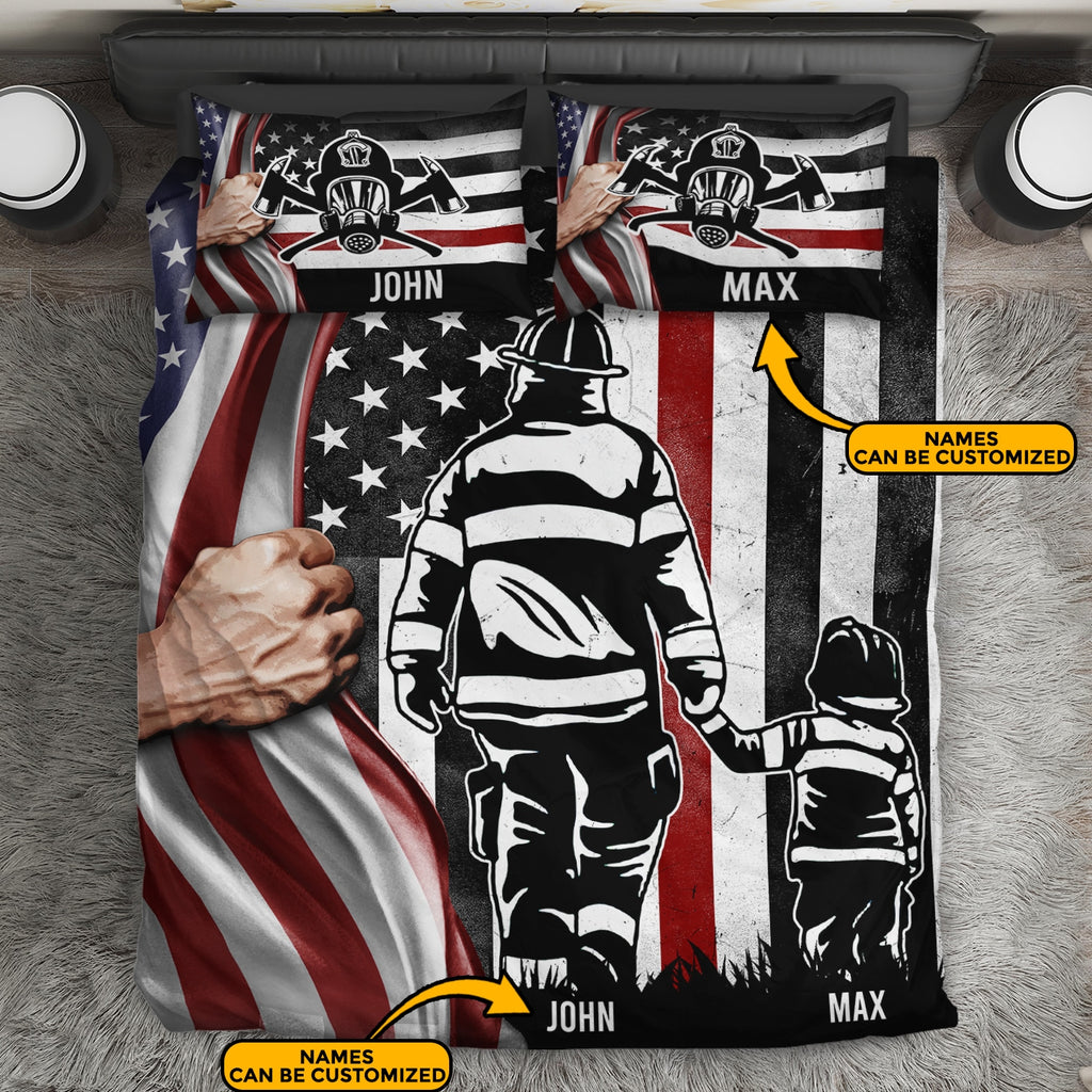Personalized Firefighter Dad And Son American Flag Bedding Set – Firefighter Pillow and Duvet Cover