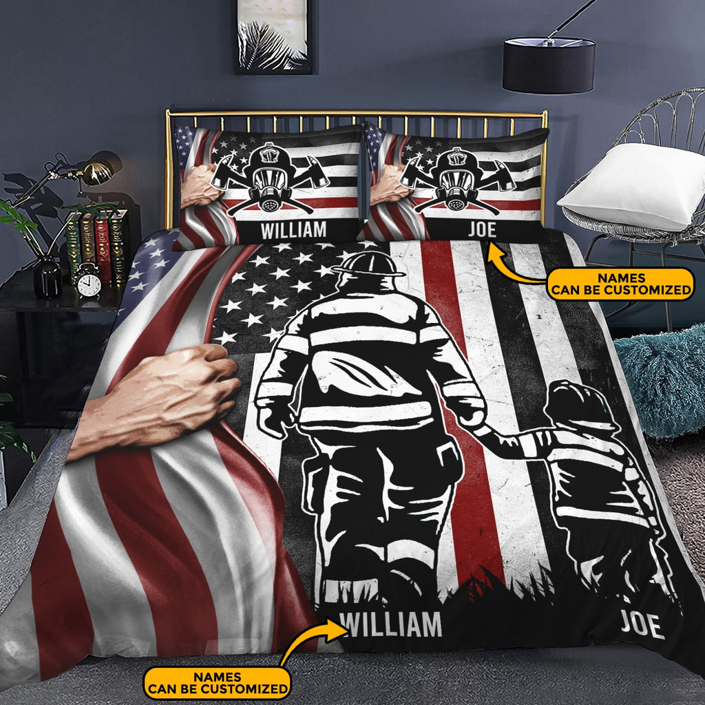 Personalized Firefighter Dad And Son American Flag Bedding Set – Firefighter Pillow and Duvet Cover