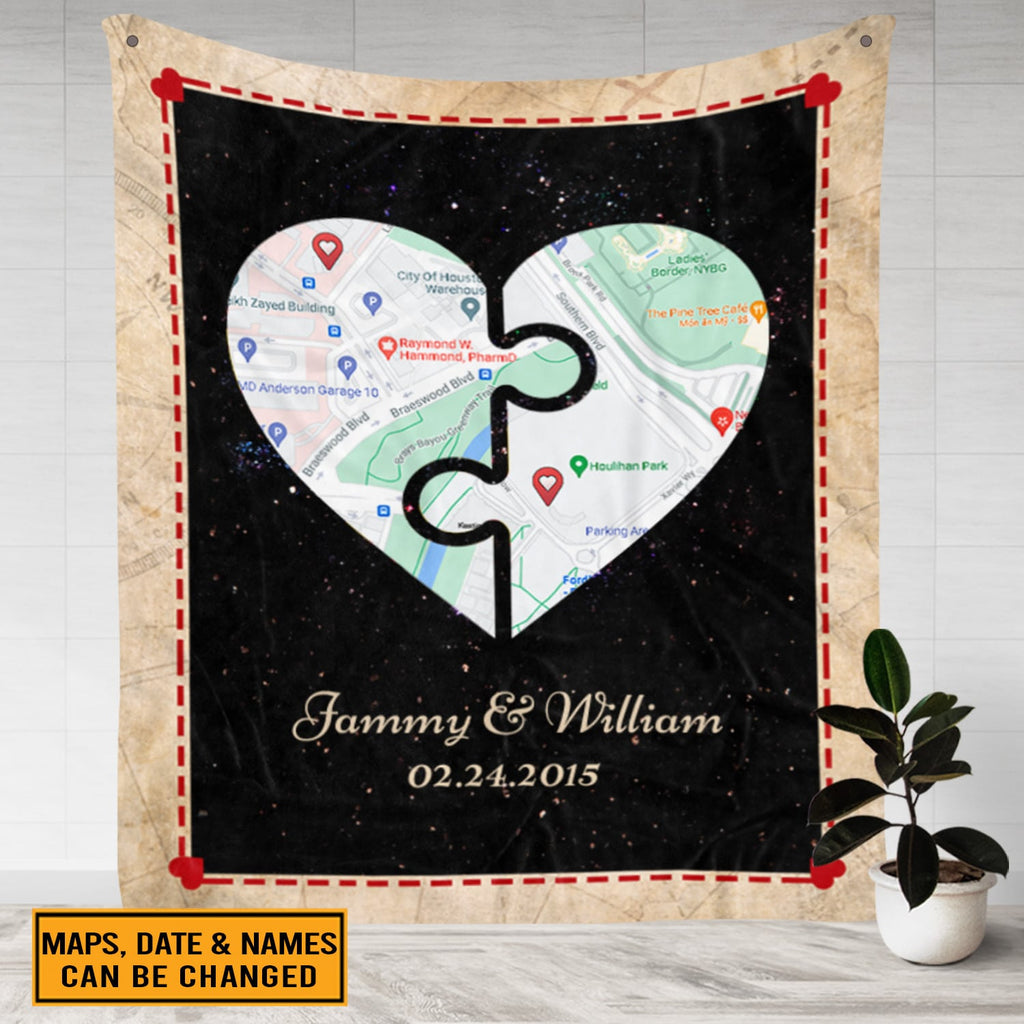 Personalized Half And Half Heart Map Art Fleece Blanket – Personalized Anniversary Mink Sherpa Blanket