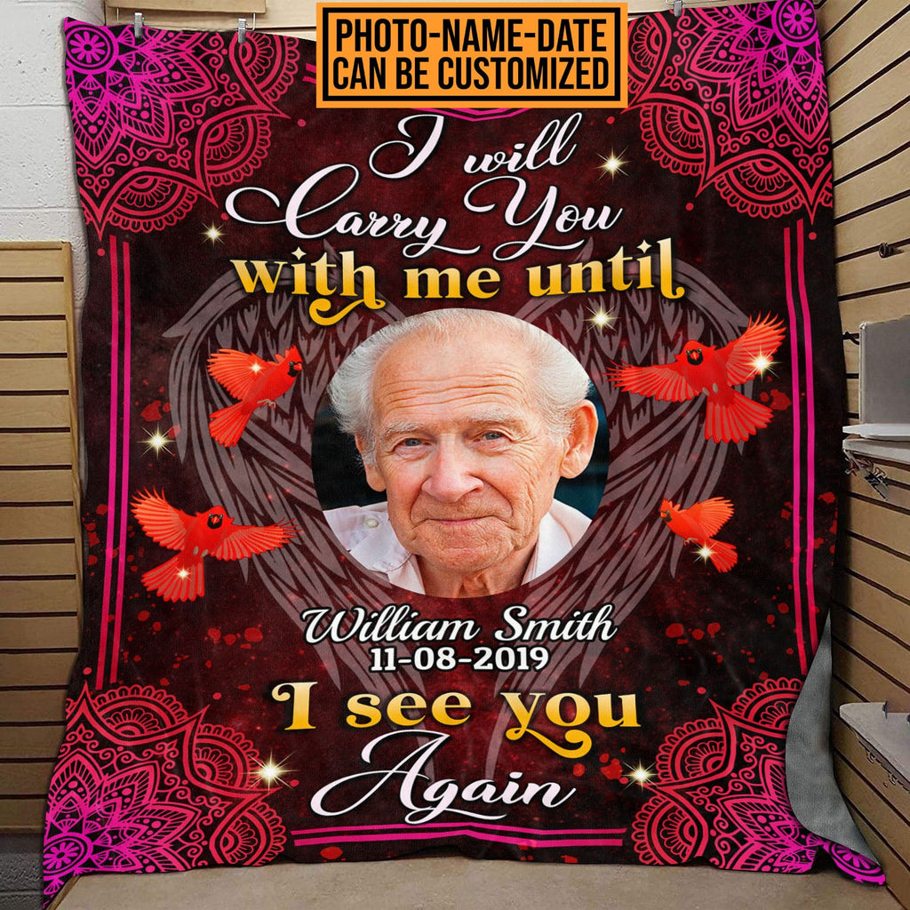 Custom Photo I’ll Carry You Until I See You Again Memorial Keepsake Red Bird Fleece Blanket – Premium Sherpa Blanket – Woven Blanket