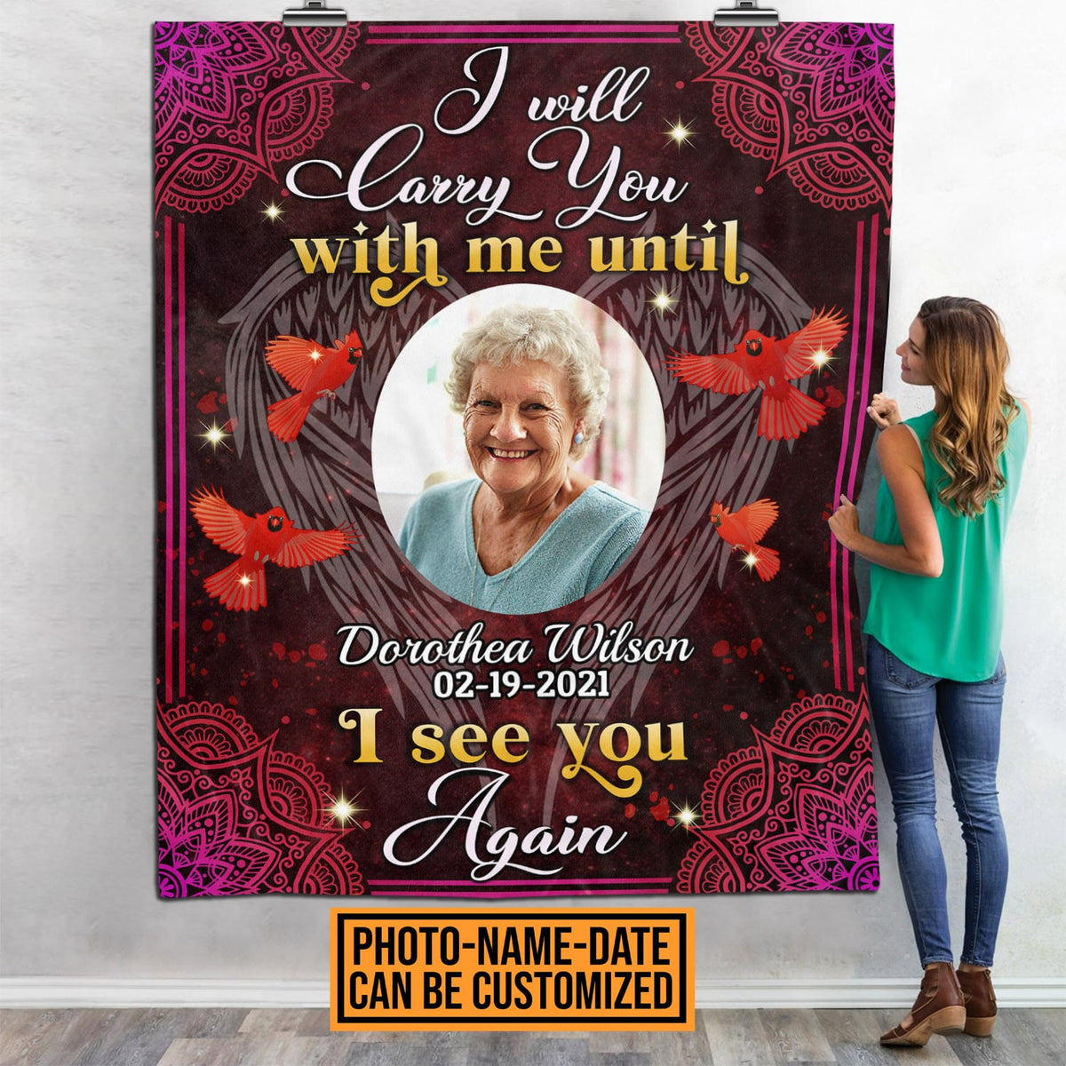 Custom Photo I’ll Carry You Until I See You Again Memorial Keepsake Red Bird Fleece Blanket – Premium Sherpa Blanket – Woven Blanket