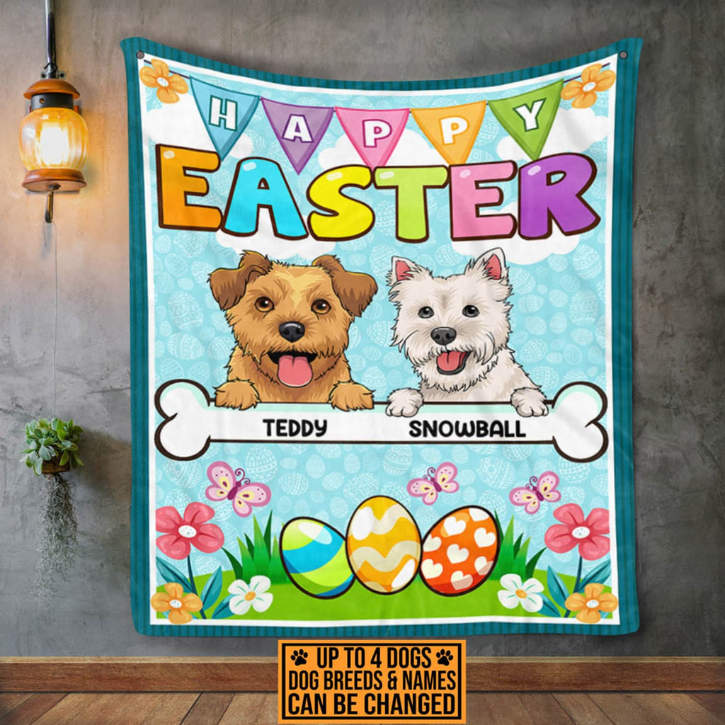 Personalized Dog Breeds Happy Easter Fleece Blanket – Sherpa Blanket – Dog Lover Easter Day Woven Blanket