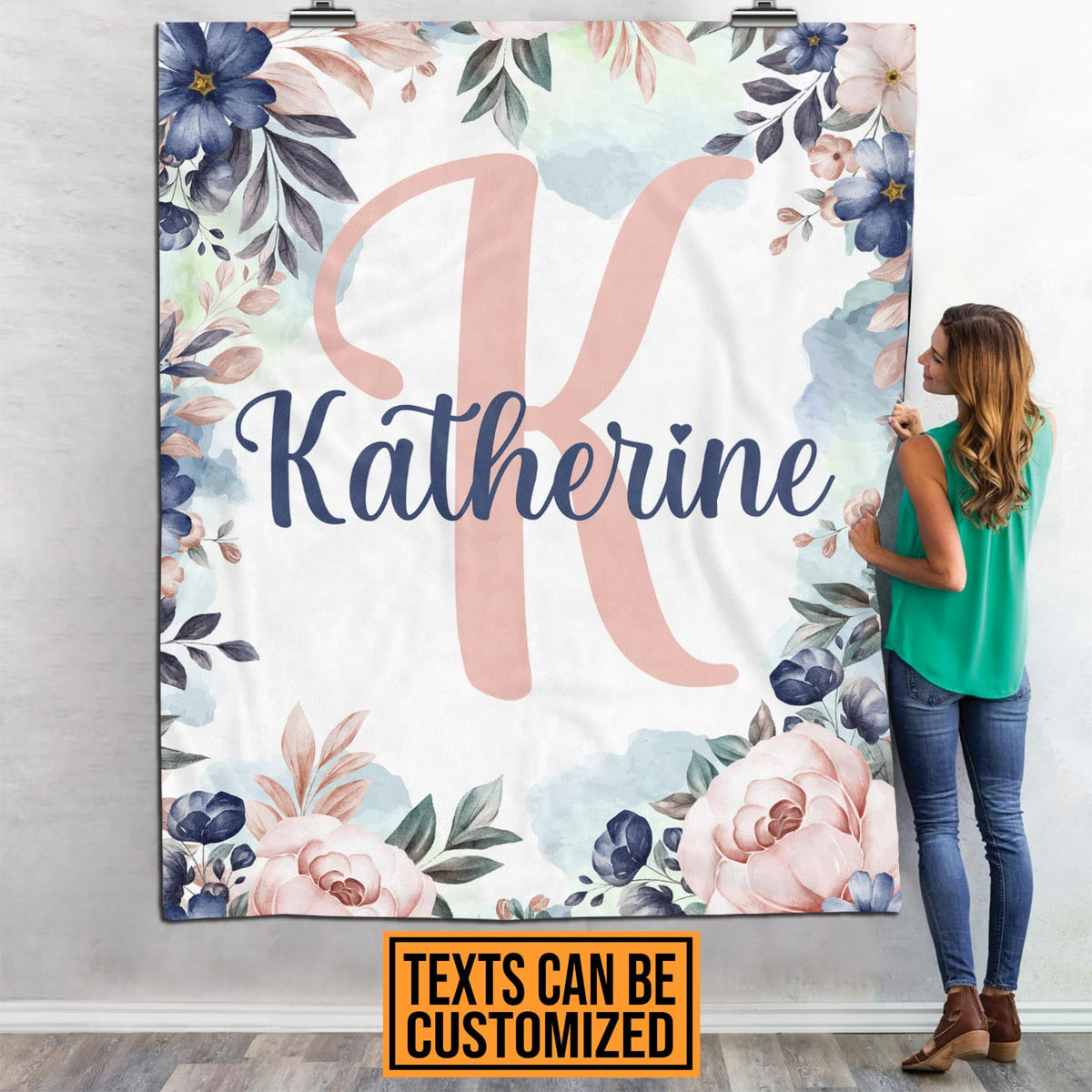 Personalized Mono Name Fleece Soft Blanket – Name Customized Letter Floral Baby Blanket Gifts