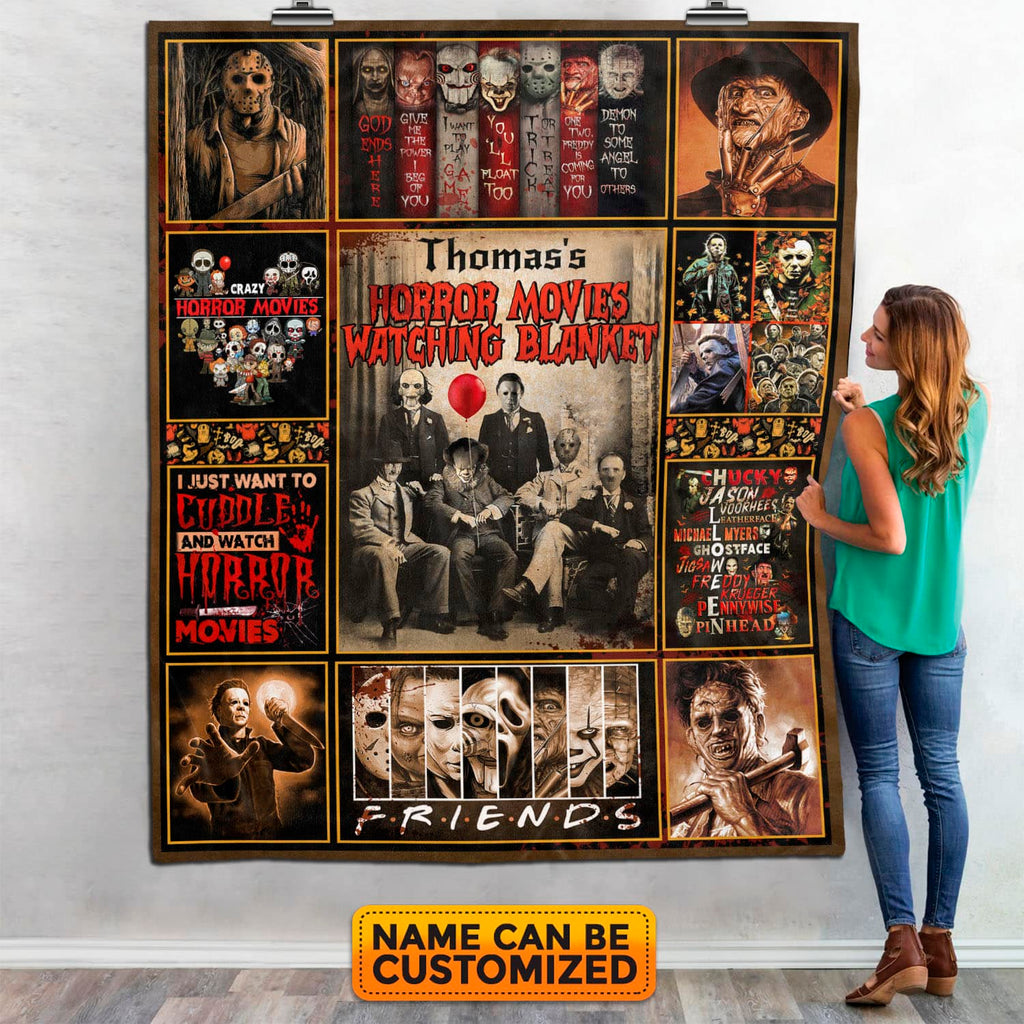 Custom Name Horror Movies Watching Blanket Halloween Fleece Blanket – Sherpa Blanket – Woven Blanket