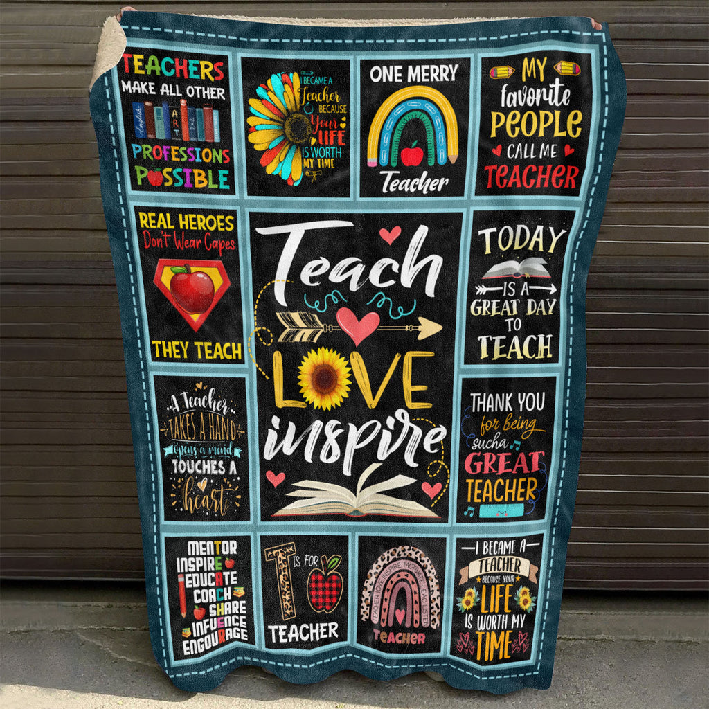 Teach Love Inspire Teacher Appreciation Fleece Blanket – Sherpa Blanket – Teacher Gifts Blanket
