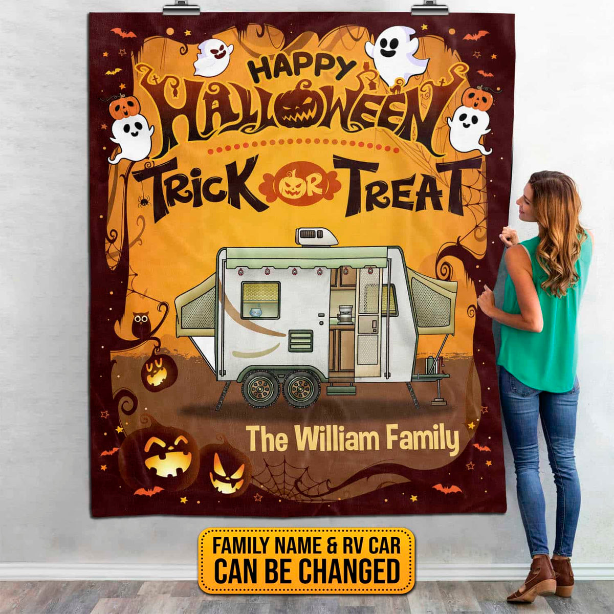 Personalized Happy Halloween Trick Or Treat Fleece Blanket – Custom Halloween Sherpa Blanket – Woven Blanket