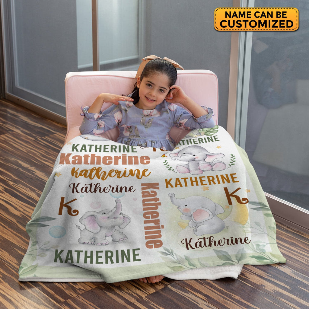 Personalized Name Baby Blanket Elephant – Custom Funny Cute Elephant Baby Name Fleece Soft Blanket