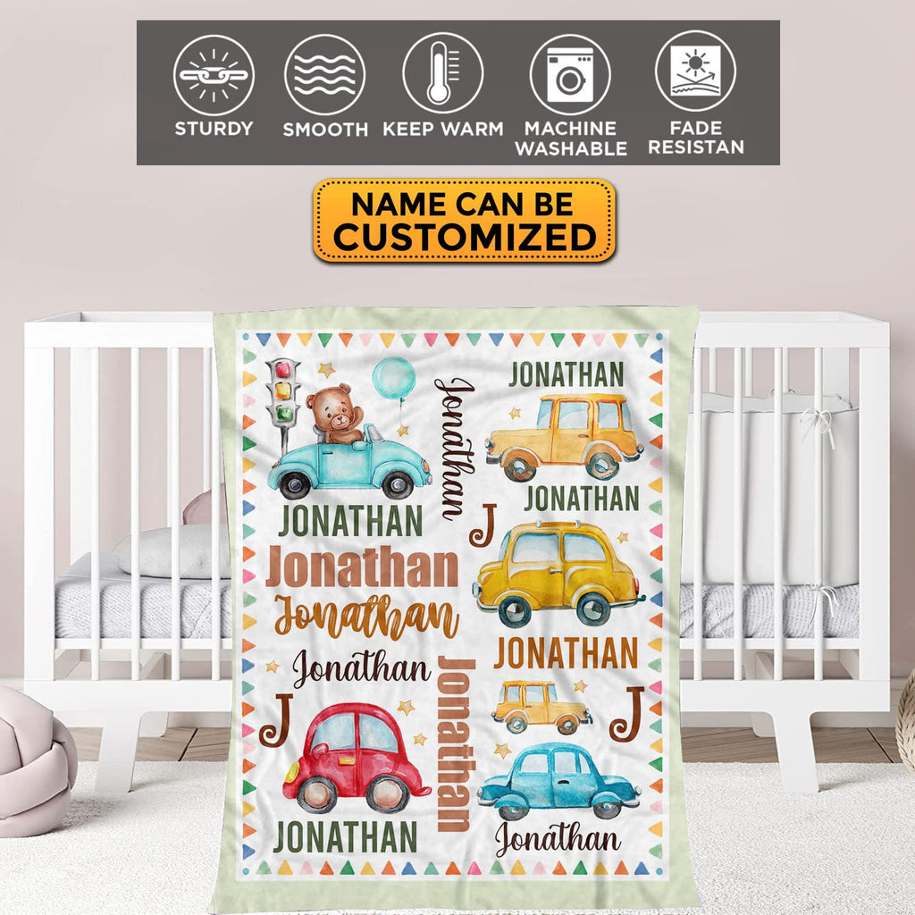 Personalized Name Car Baby Blanket – Custom Funny Cute Car Baby Boy Name Fleece Soft Blanket