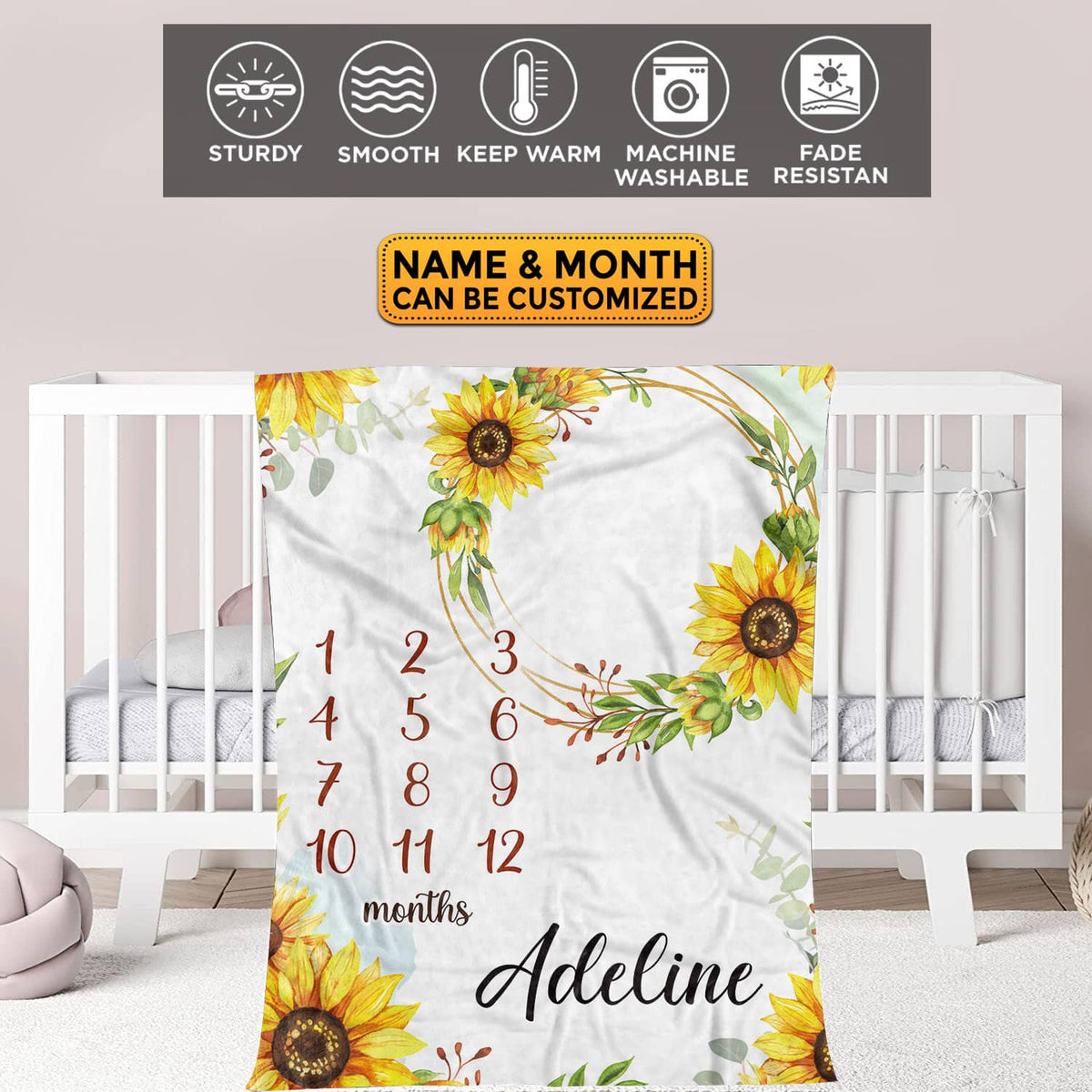 Personalized Floral Baby Monthly Milestone Blanket Newborn Girl Unisex Neutral – Flower Soft Fleece Blanket for Newborn