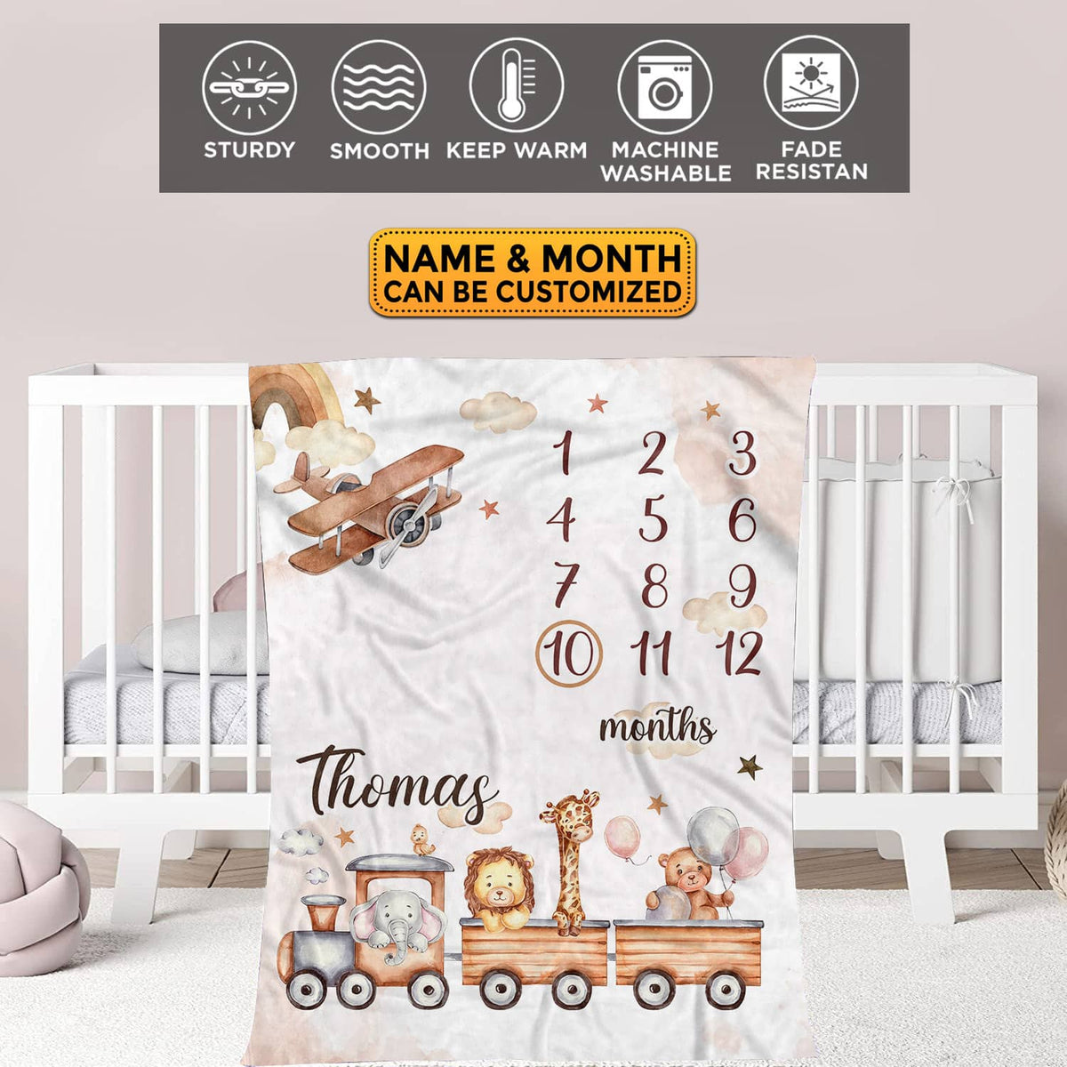 Personalized Train Baby Monthly Milestone Blanket Newborn Boy Unisex Neutral – Train Blanket for Newborn