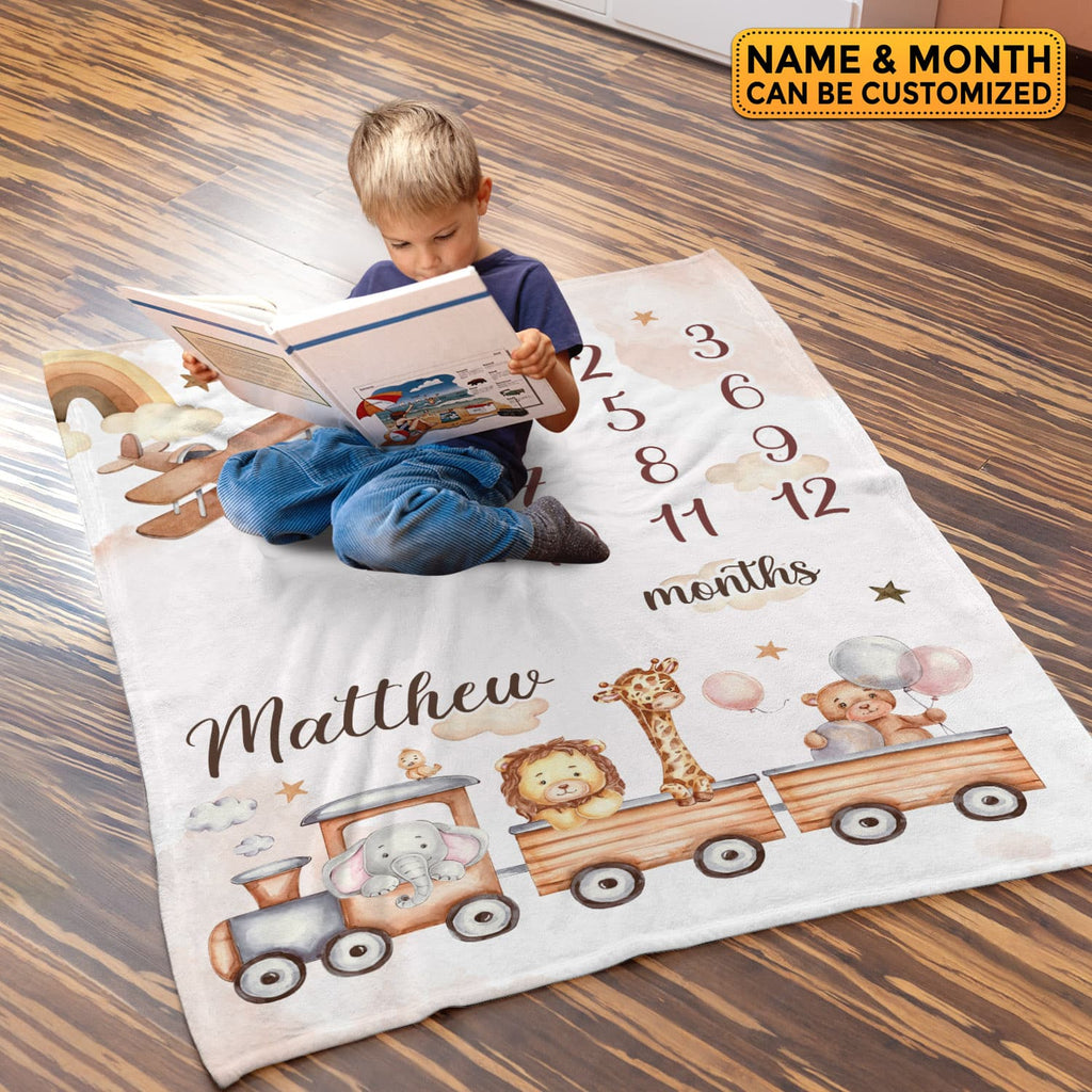 Personalized Train Baby Monthly Milestone Blanket Newborn Boy Unisex Neutral – Train Blanket for Newborn