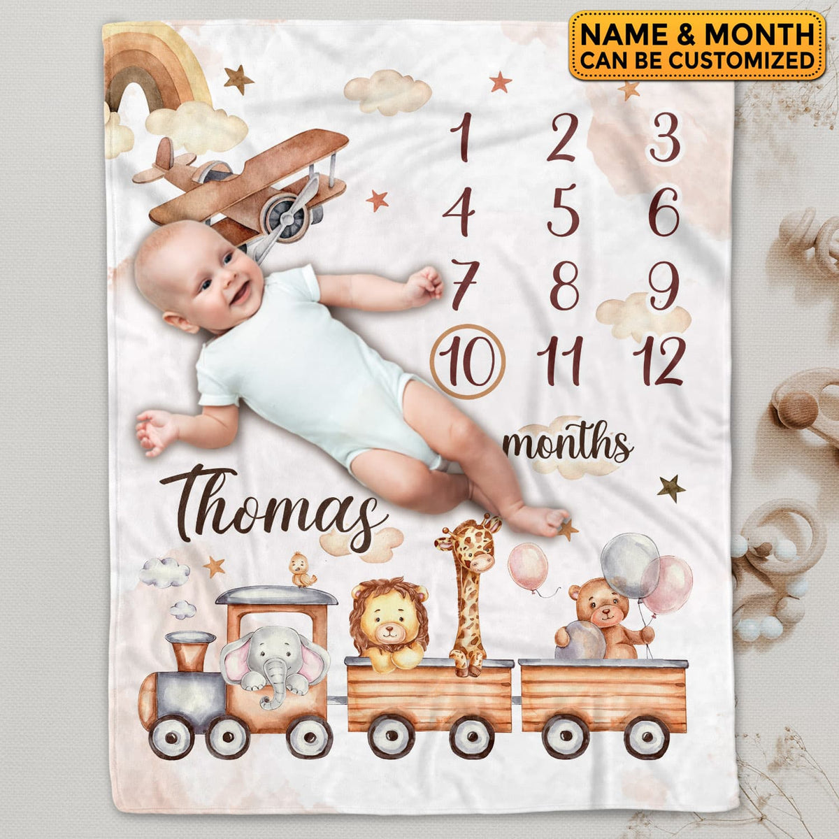 Personalized Train Baby Monthly Milestone Blanket Newborn Boy Unisex Neutral – Train Blanket for Newborn