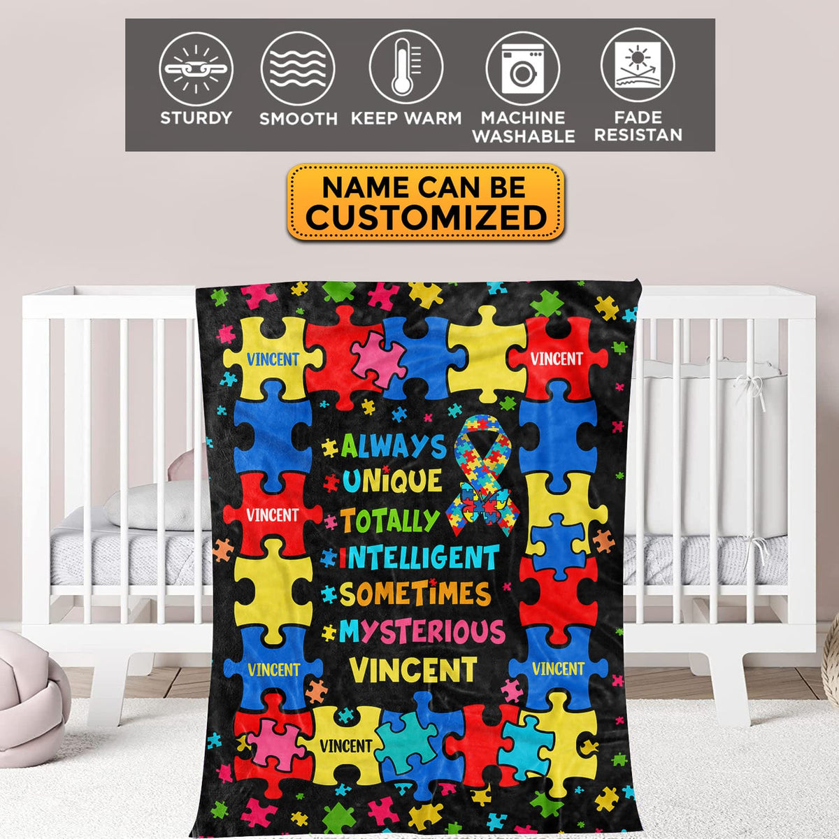 Personalized Autism Blanket Puzzle Cure Awareness Flannel Throw Gift for Childs Teens Adults Super Soft Convenient Comfortable Bed Sofa Couch