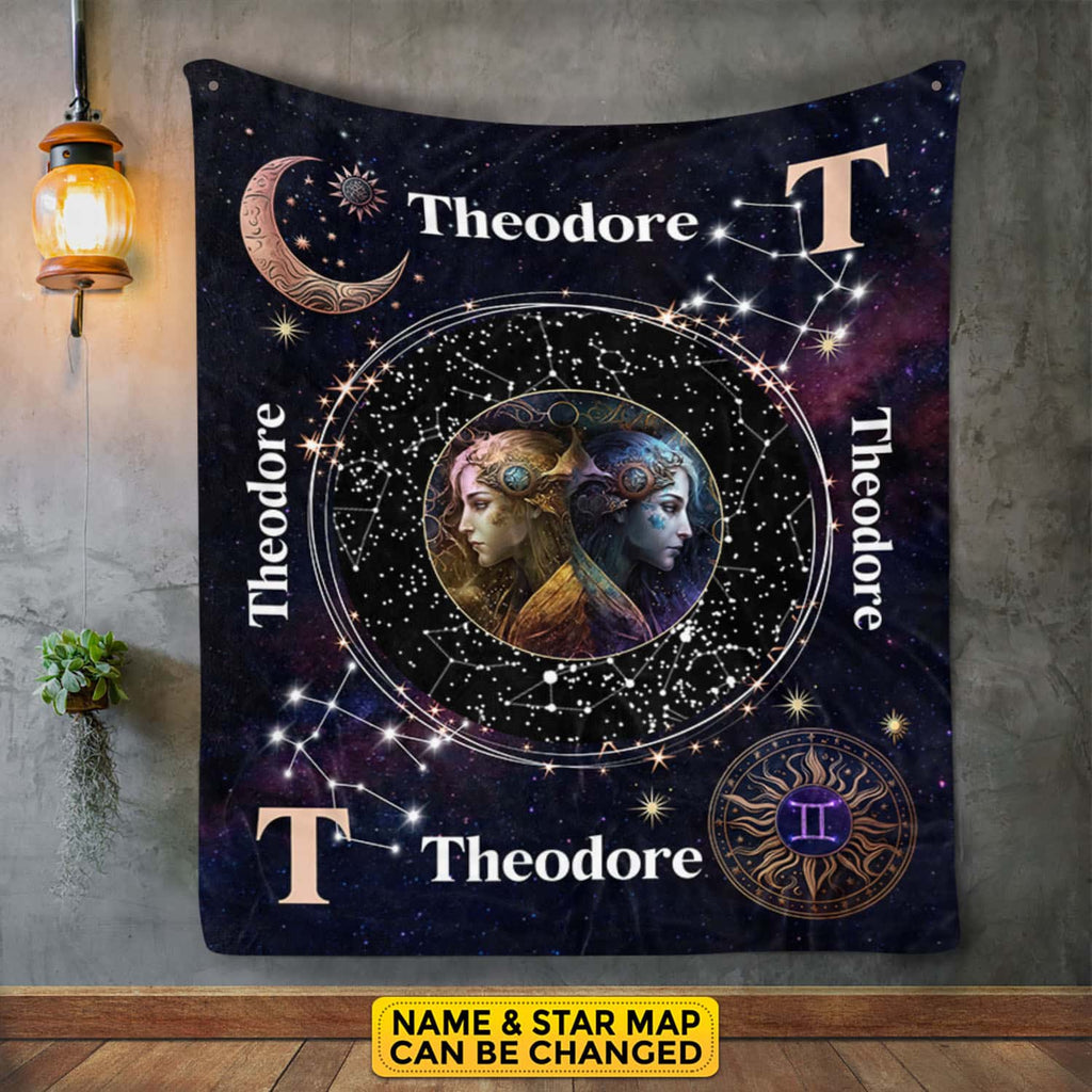 Personalized Gemini Star Map Flannel Constellations Blanket Warm & Soft – 12 Horoscope Astrology Throw Blankets