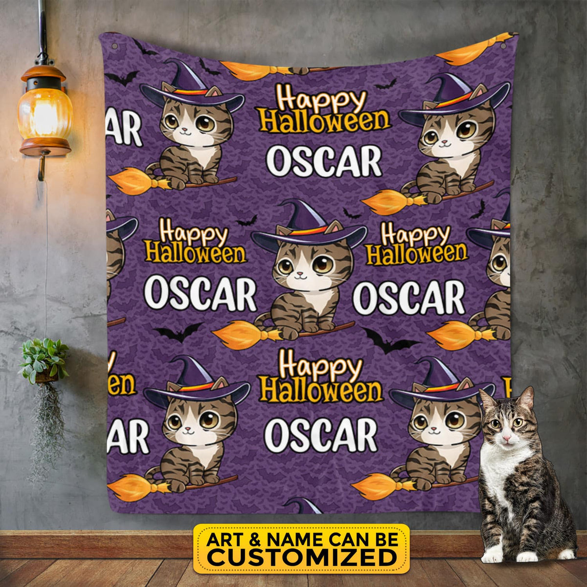 Custom Drawing Cat Halloween Throw Blanket – Portrait Cat Happy Halloween Gift Blanket