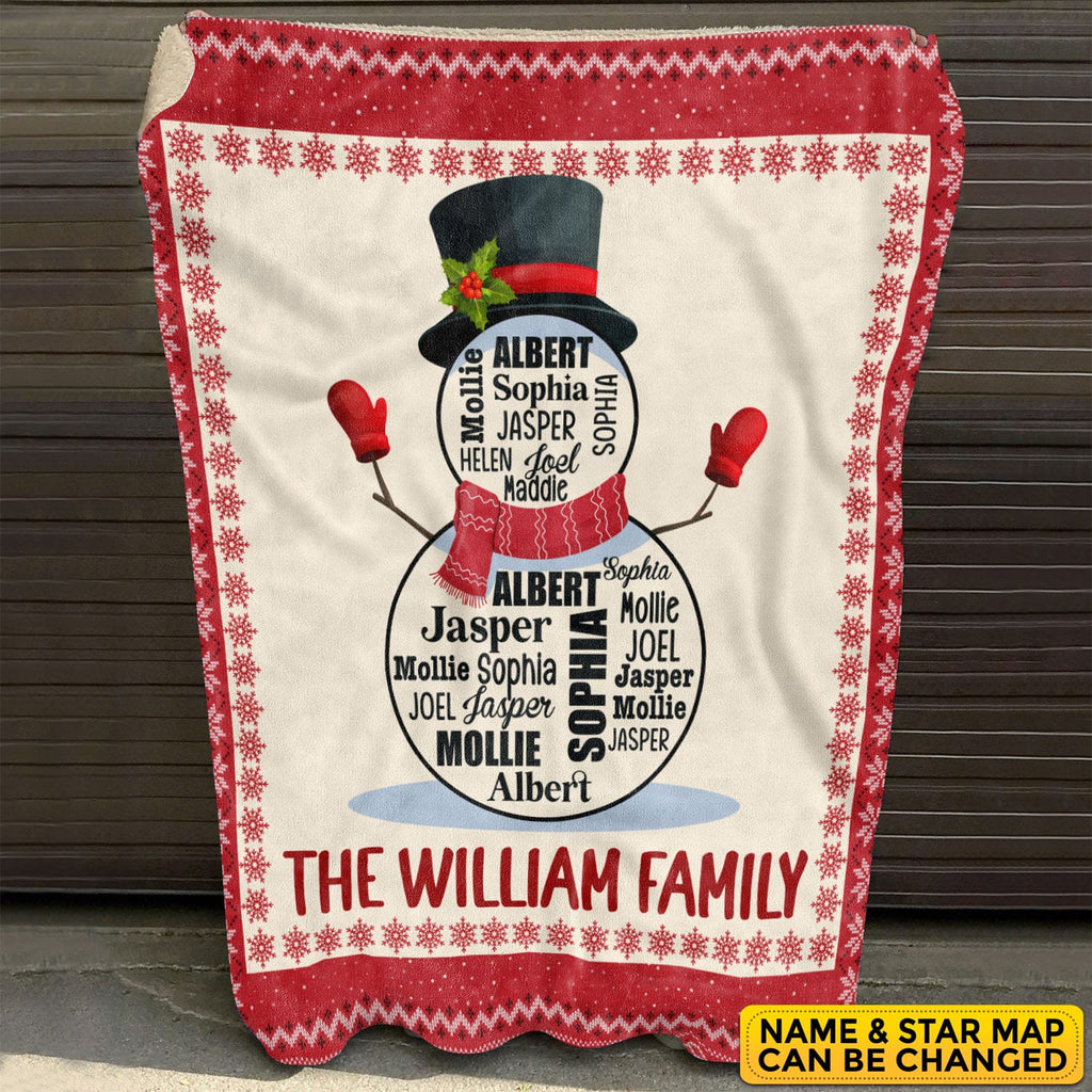 Personalized Snowman Name Blanket – Custom Family Name Fleece Blanket, Family Christmas Gift