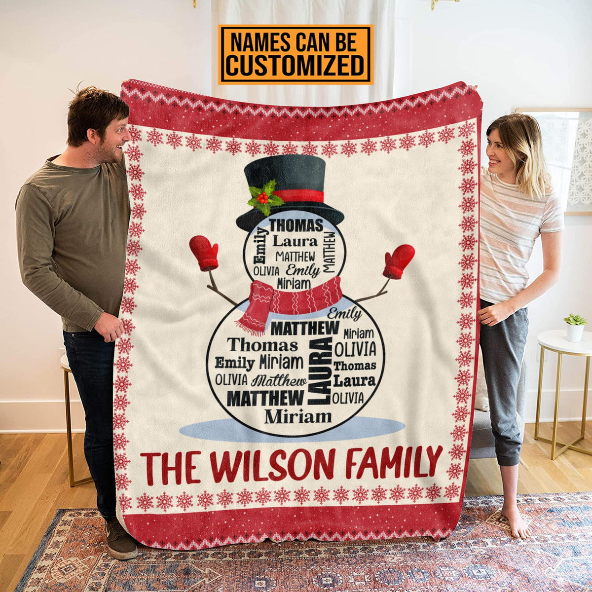 Personalized Snowman Name Blanket – Custom Family Name Fleece Blanket, Family Christmas Gift