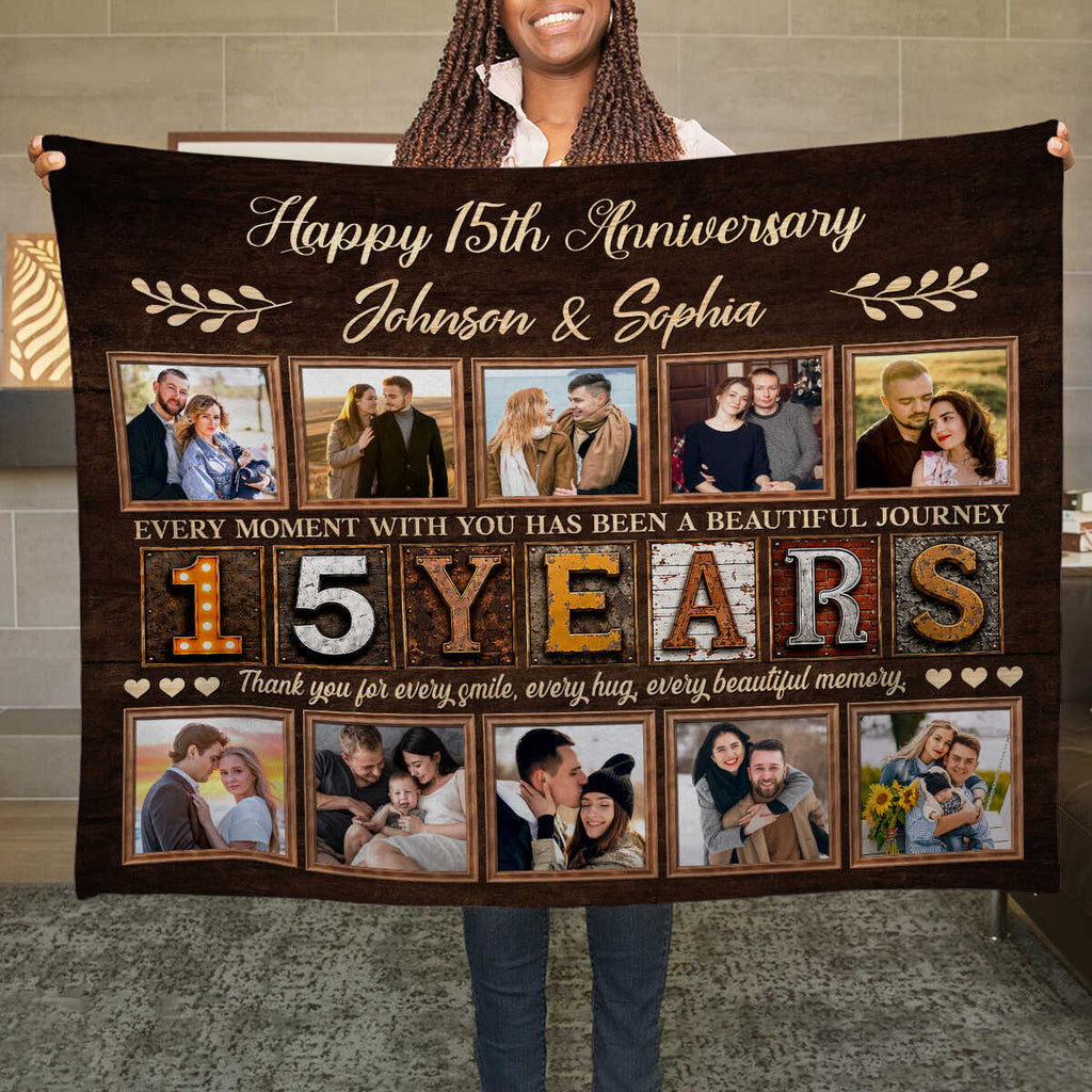 Personalized 15th Anniversary Photo Collage Blanket, Custom 15 Years Together Gift, 15th Wedding Anniversary Blanket, Couple Memory Keepsake
