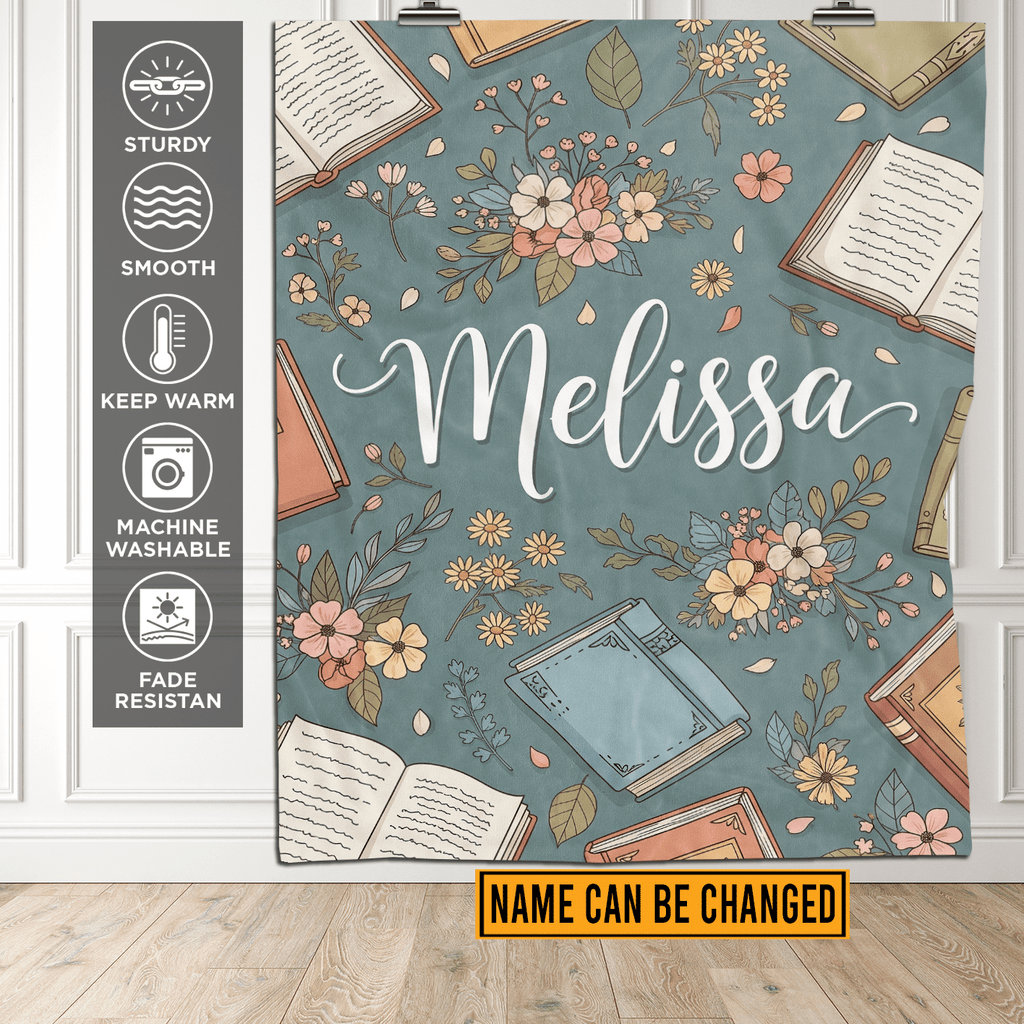 Personalized Custom Name Reading Floral Book Lovers Fleece Blanket – Reading Nook Gift