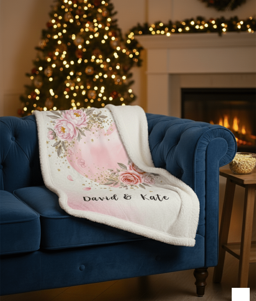 Personalized Watercolor Pink Heart Blanket Velveteen Plush Throw Floral Valentine Gift