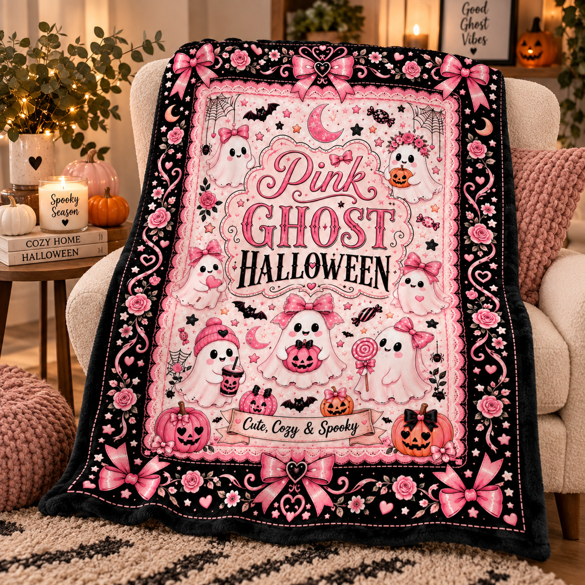 Pink Ghost Halloween Blanket, Cute Spooky Coquette Throw Blanket, Pink Bow Ghost Fleece Blanket, Girly Halloween Home Decor