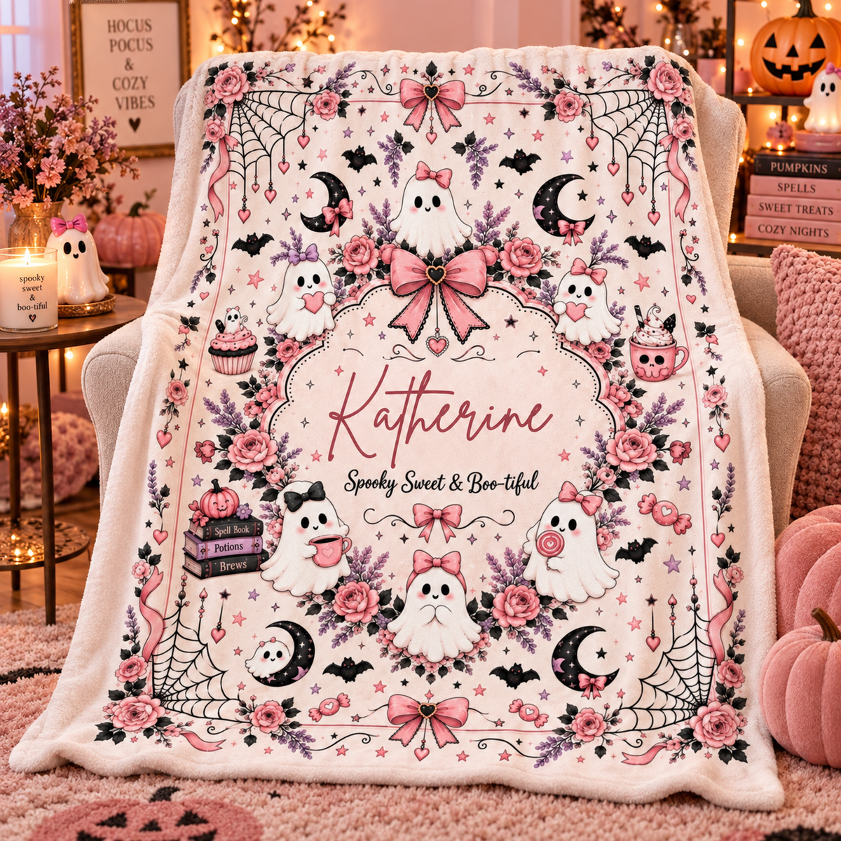 Personalized Pink Ghost Halloween Blanket, Custom Name Spooky Coquette Throw, Cute Ghost Fleece Blanket, Halloween Gift for Her