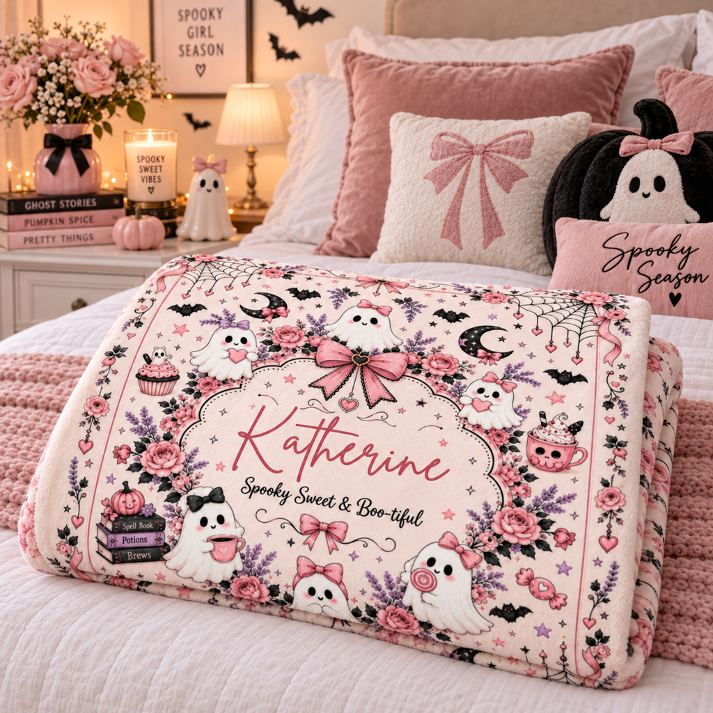 Personalized Pink Ghost Halloween Blanket, Custom Name Spooky Coquette Throw, Cute Ghost Fleece Blanket, Halloween Gift for Her