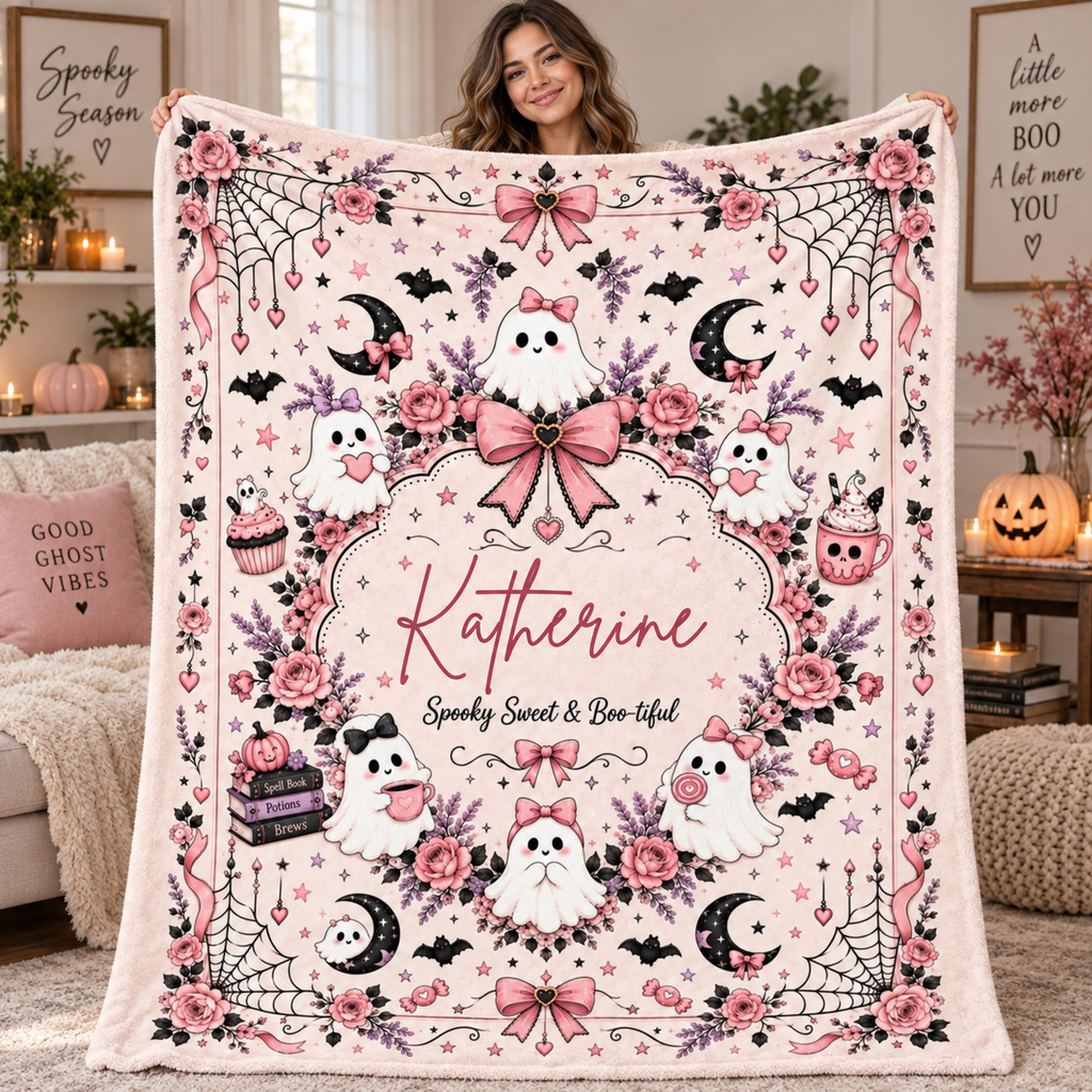 Personalized Pink Ghost Halloween Blanket, Custom Name Spooky Coquette Throw, Cute Ghost Fleece Blanket, Halloween Gift for Her