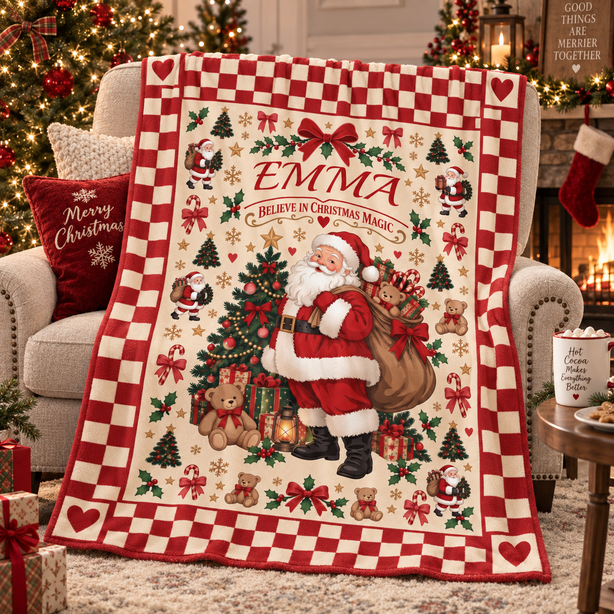Personalized Vintage Santa Christmas Blanket, Custom Name Believe in Christmas Magic Throw, Retro Santa Fleece Blanket, Christmas Gift for Kids