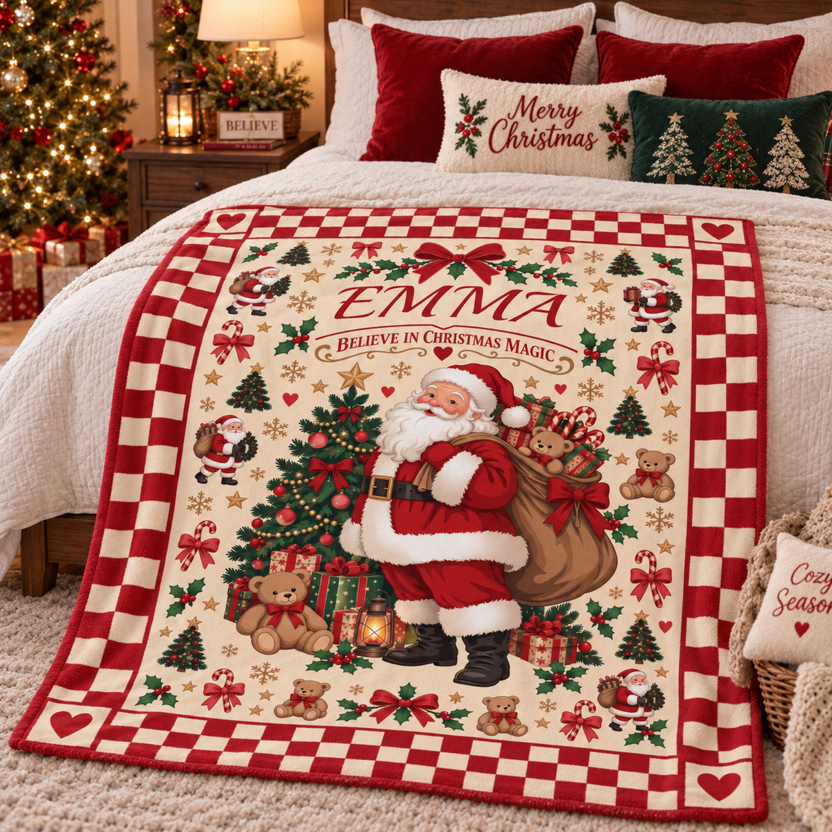 Personalized Vintage Santa Christmas Blanket, Custom Name Believe in Christmas Magic Throw, Retro Santa Fleece Blanket, Christmas Gift for Kids