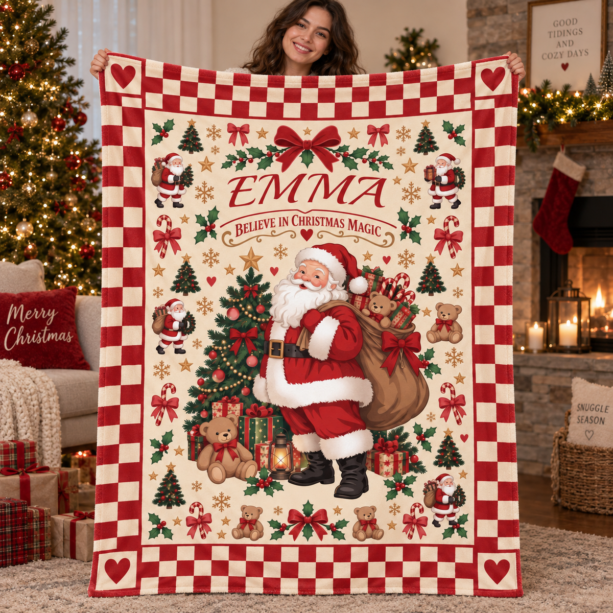 Personalized Vintage Santa Christmas Blanket, Custom Name Believe in Christmas Magic Throw, Retro Santa Fleece Blanket, Christmas Gift for Kids