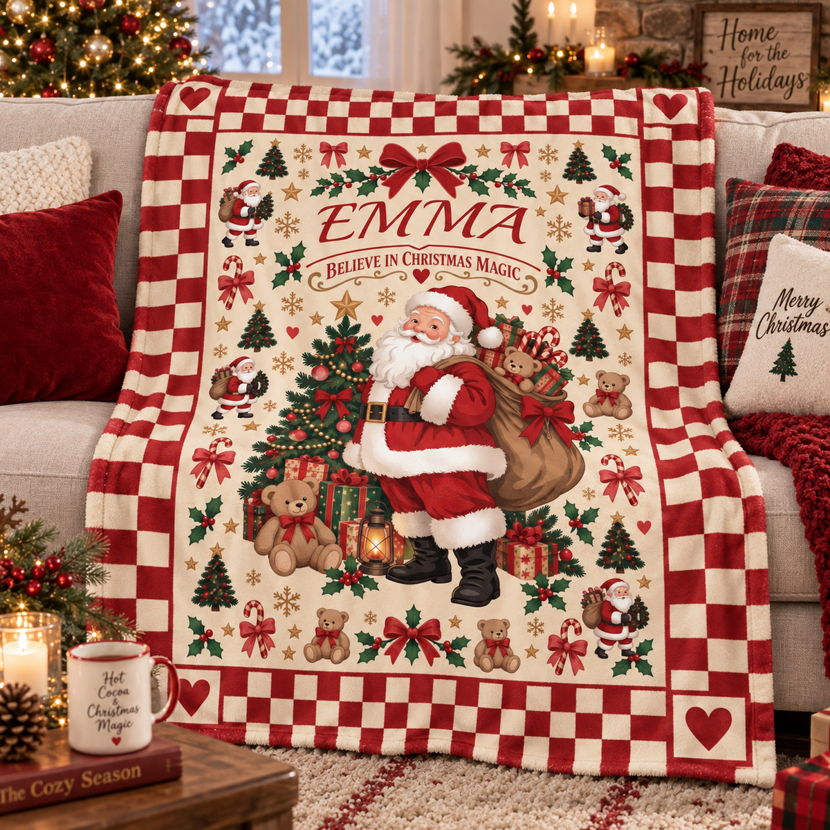 Personalized Vintage Santa Christmas Blanket, Custom Name Believe in Christmas Magic Throw, Retro Santa Fleece Blanket, Christmas Gift for Kids