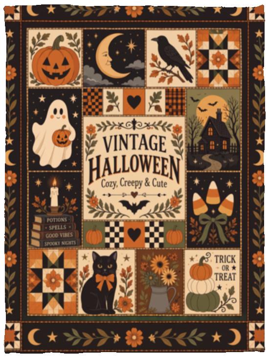 Vintage Halloween Blanket, Patchwork Halloween Throw Blanket, Black Cat Ghost Pumpkin Quilt, Cozy Creepy Cute Halloween Decor