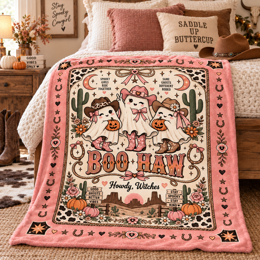 Boo Haw Cowgirl Ghost Halloween Blanket, Pink Western Spooky Throw, Cute Cowgirl Halloween Gift