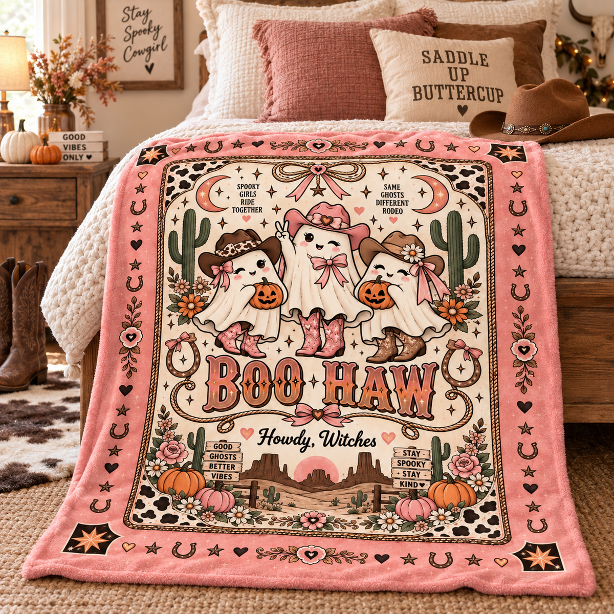 Boo Haw Cowgirl Ghost Halloween Blanket, Pink Western Spooky Throw, Cute Cowgirl Halloween Gift