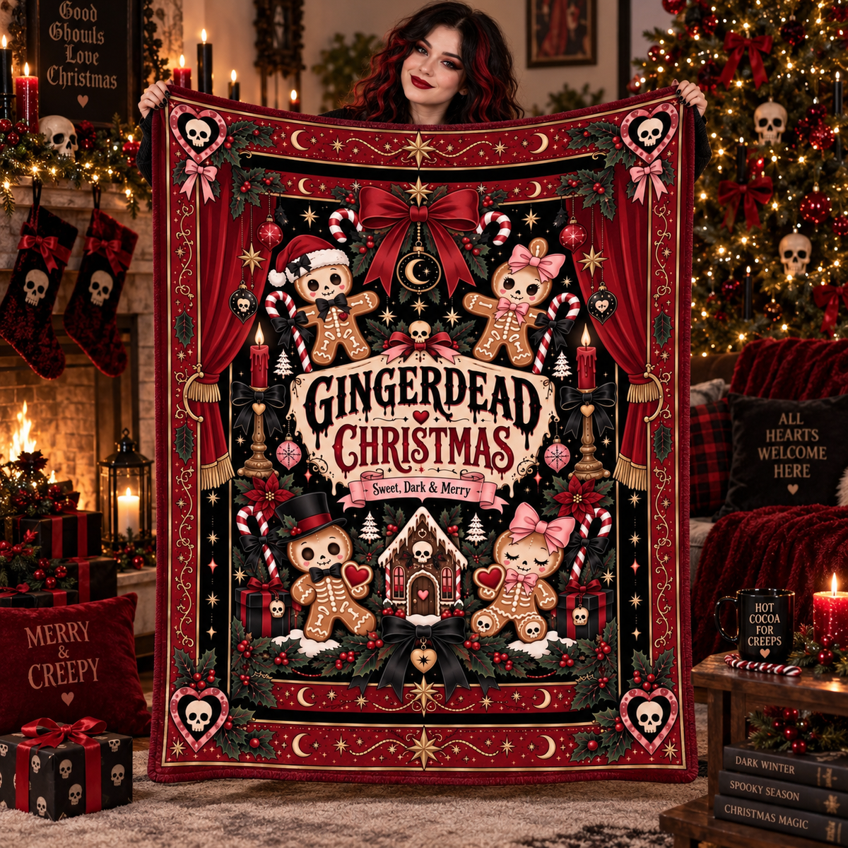 Gothic Gingerbread Christmas Blanket, Spooky Dark Holiday Throw, Gingerdead Christmas Blanket, Alternative Christmas Gift