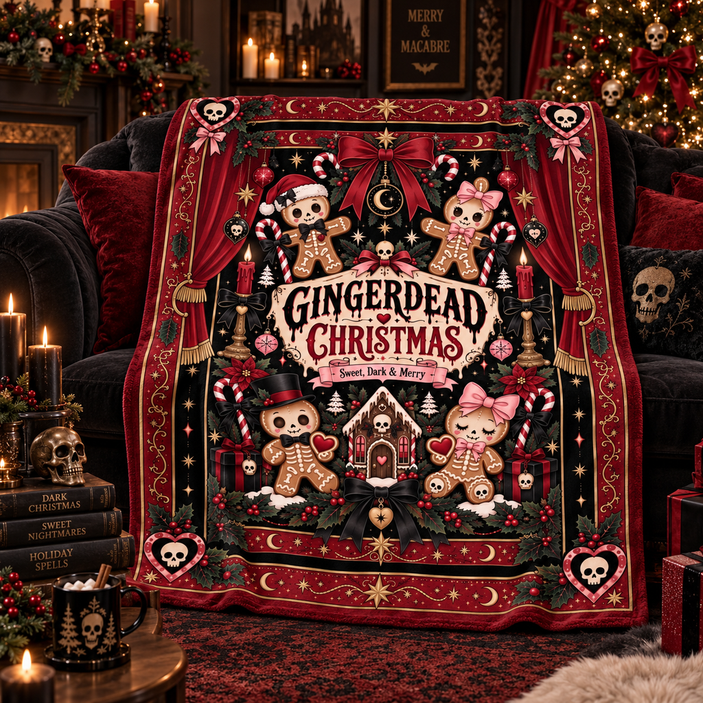 Gothic Gingerbread Christmas Blanket, Spooky Dark Holiday Throw, Gingerdead Christmas Blanket, Alternative Christmas Gift