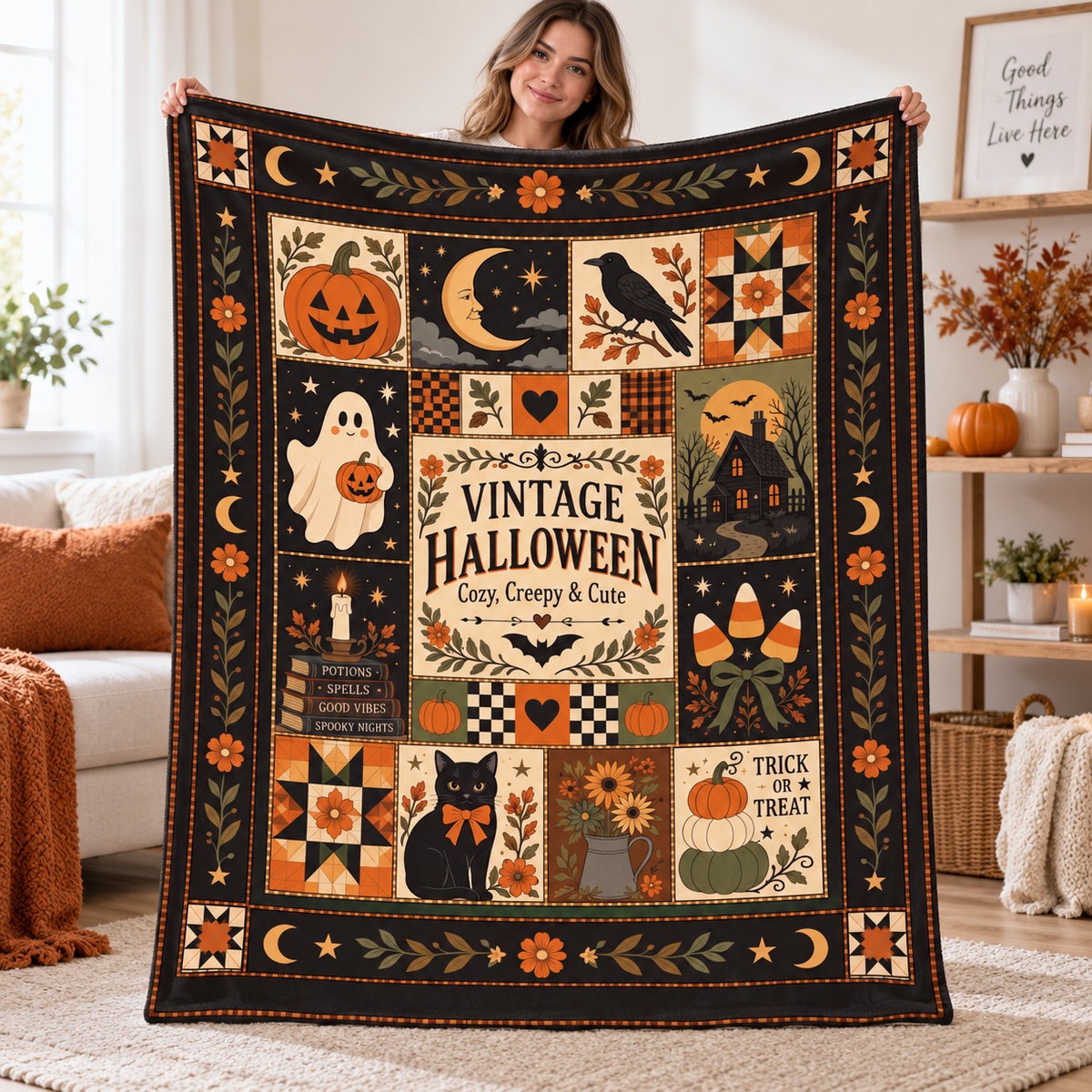 Vintage Halloween Blanket, Patchwork Halloween Throw Blanket, Black Cat Ghost Pumpkin Quilt, Cozy Creepy Cute Halloween Decor