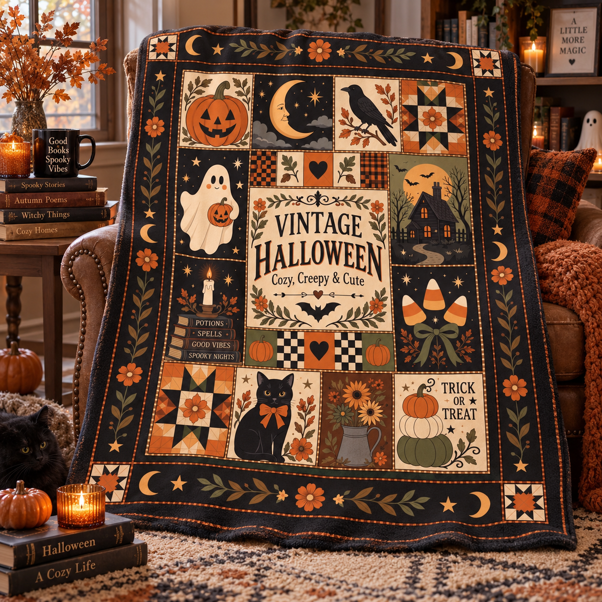 Vintage Halloween Blanket, Patchwork Halloween Throw Blanket, Black Cat Ghost Pumpkin Quilt, Cozy Creepy Cute Halloween Decor