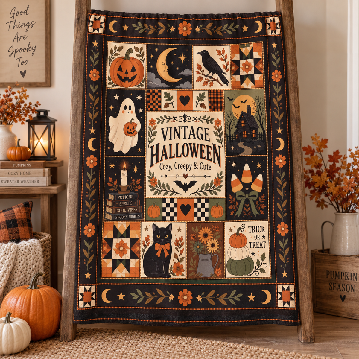 Vintage Halloween Blanket, Patchwork Halloween Throw Blanket, Black Cat Ghost Pumpkin Quilt, Cozy Creepy Cute Halloween Decor
