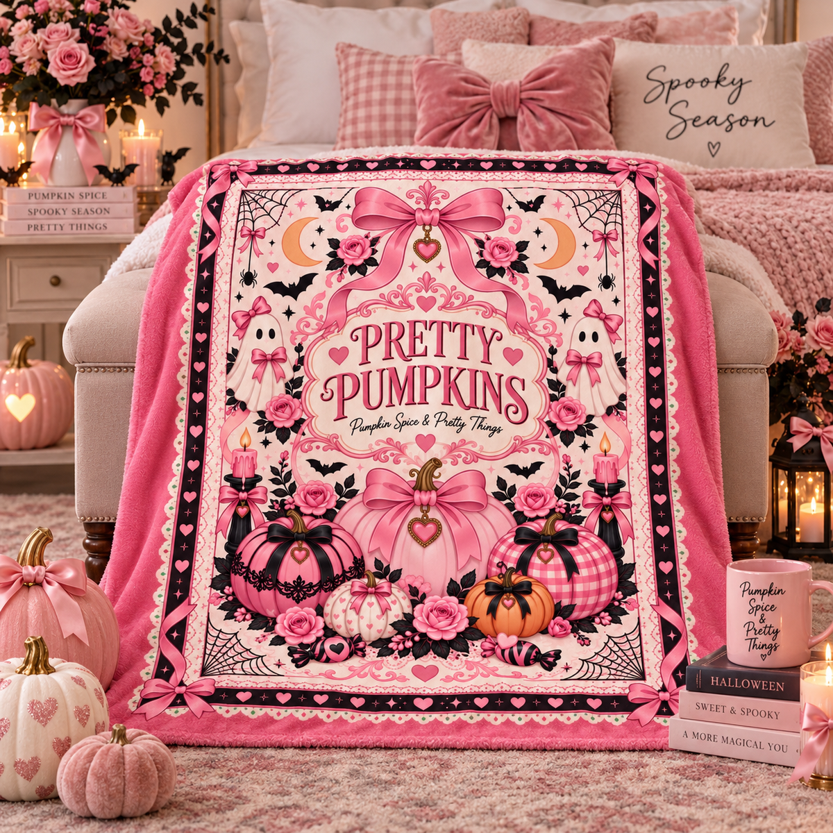 Pink Pumpkin Halloween Blanket, Pretty Pumpkins Coquette Throw Blanket, Pumpkin Spice & Pretty Things, Girly Spooky Fall Decor