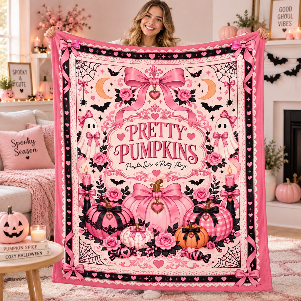 Pink Pumpkin Halloween Blanket, Pretty Pumpkins Coquette Throw Blanket, Pumpkin Spice & Pretty Things, Girly Spooky Fall Decor