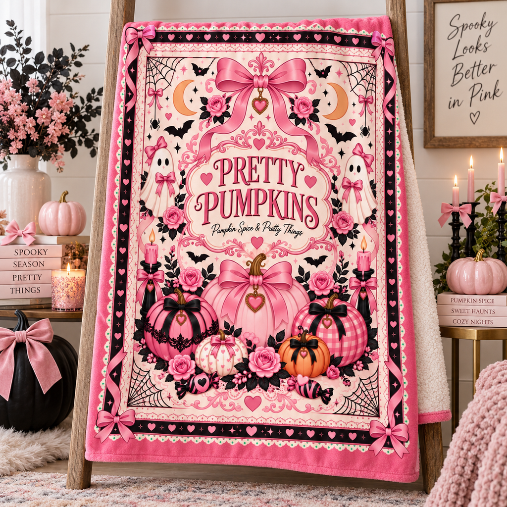 Pink Pumpkin Halloween Blanket, Pretty Pumpkins Coquette Throw Blanket, Pumpkin Spice & Pretty Things, Girly Spooky Fall Decor