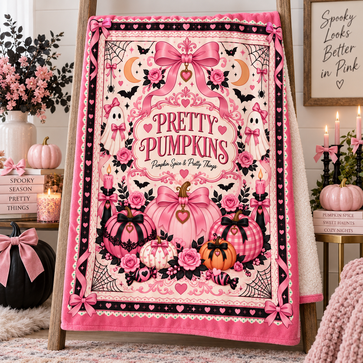 Pink Pumpkin Halloween Blanket, Pretty Pumpkins Coquette Throw Blanket, Pumpkin Spice & Pretty Things, Girly Spooky Fall Decor